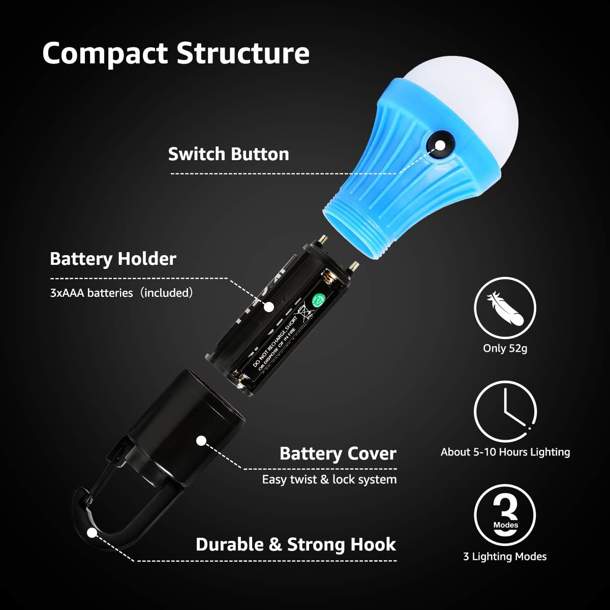 Thumbnail 3 de Lepro Campinglampe als LED-Zeltlaterne (4er-Set) mit 12 AAA-Batterien, 3 Lichtmodi