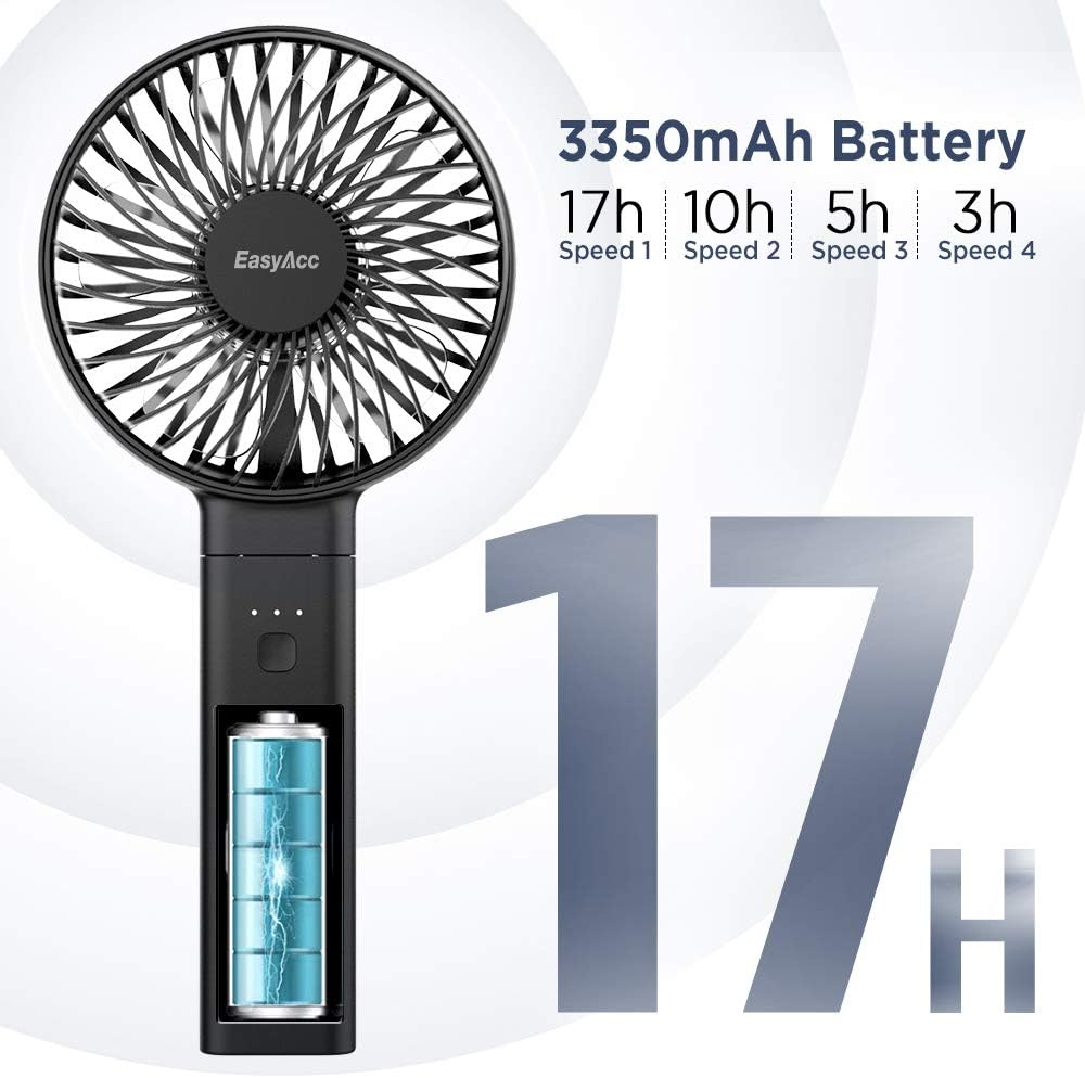 Detalle de EasyAcc EasyAcc Handheld Fan (Portable USB Fan) – Rechargeable, Foldable, 4 Speeds, Up to 17 Hours, Black