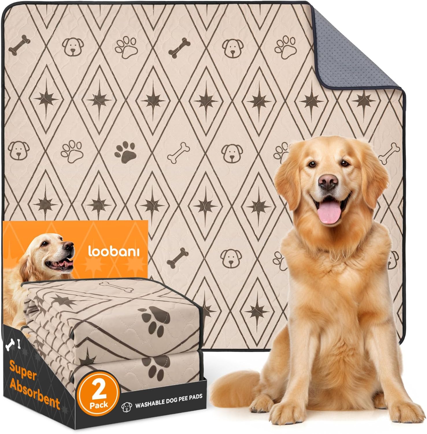 LOOBANI Washable Puppy Pads (2 Pack) – Super Absorbent, Leak-Proof Training Mats for Home, Crate & Car Travel, Brown, 122x122cm
