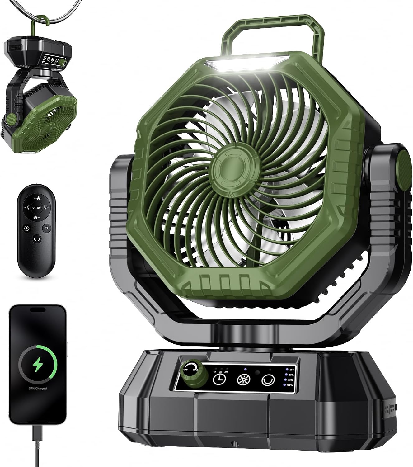 Detalle de Camping Fan with 20000mAh Battery, LED Light & 270° Tilt – Green