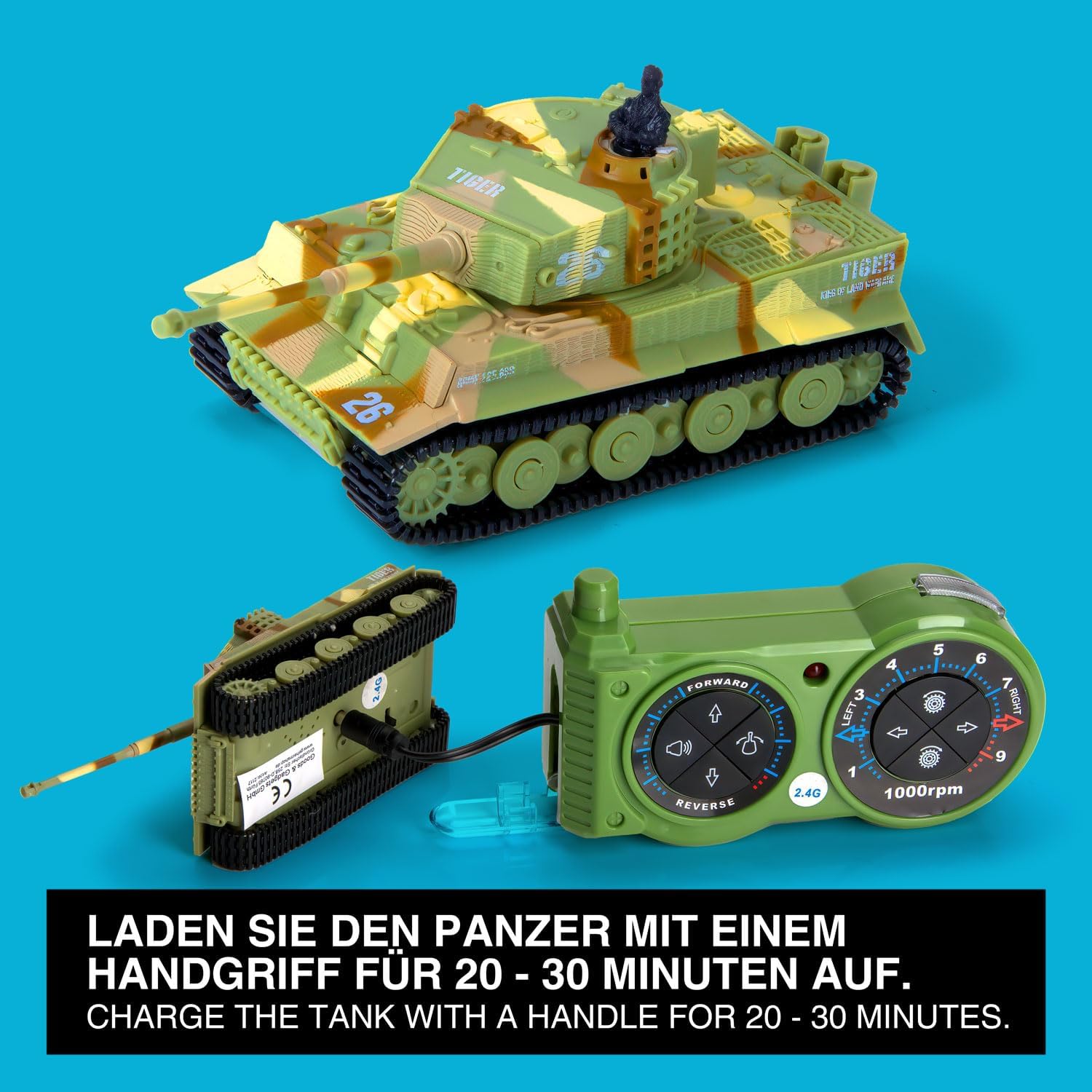 Detalle de GOODS+GADGETS® Tiger I RC-stridsvagn i skala 1:72 med roterande torn, ljud och ljus