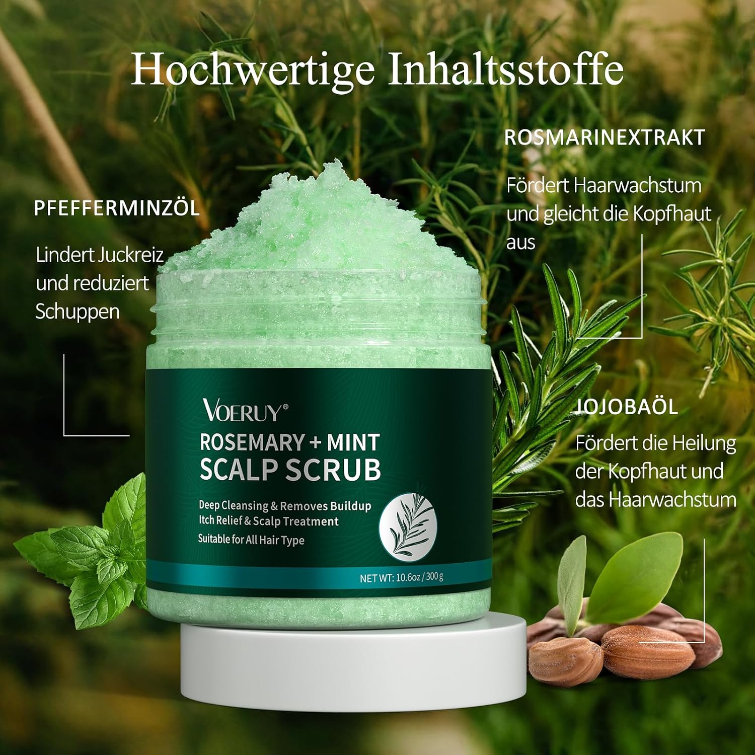 Thumbnail 1 de Kopfhautpeeling Rosmarin 2-in-1 – VOERUY mit Minzöl und Silikon-Massagegerät, 300 g