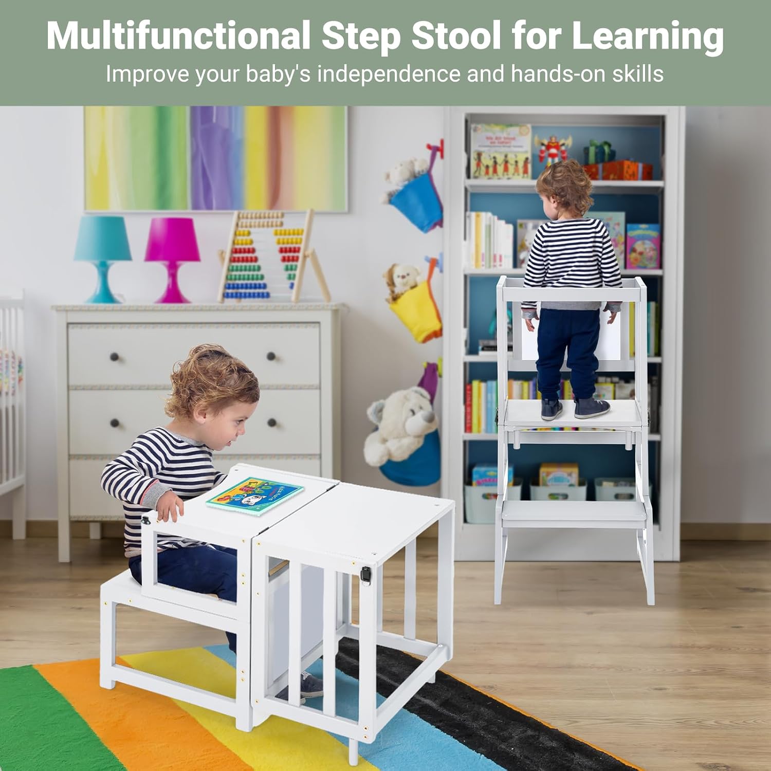 Thumbnail 5 de COSYLAND 3-In-1 Toddler Kitchen Stool Helper (White) — Convertible Standing Tower with Whiteboard