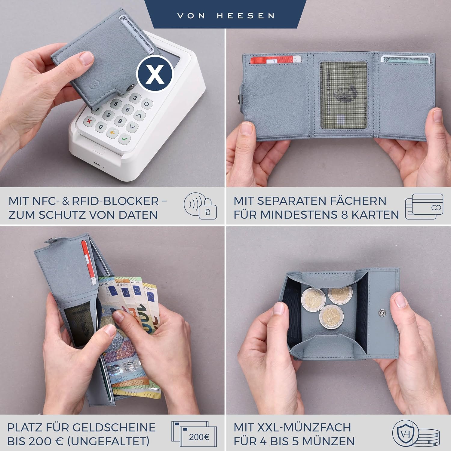 Thumbnail 1 de VON HEESEN Slim Wallet mit XXL Münzfach, RFID-Schutz & RFID-geschütztem Kartenfach – Hellblau