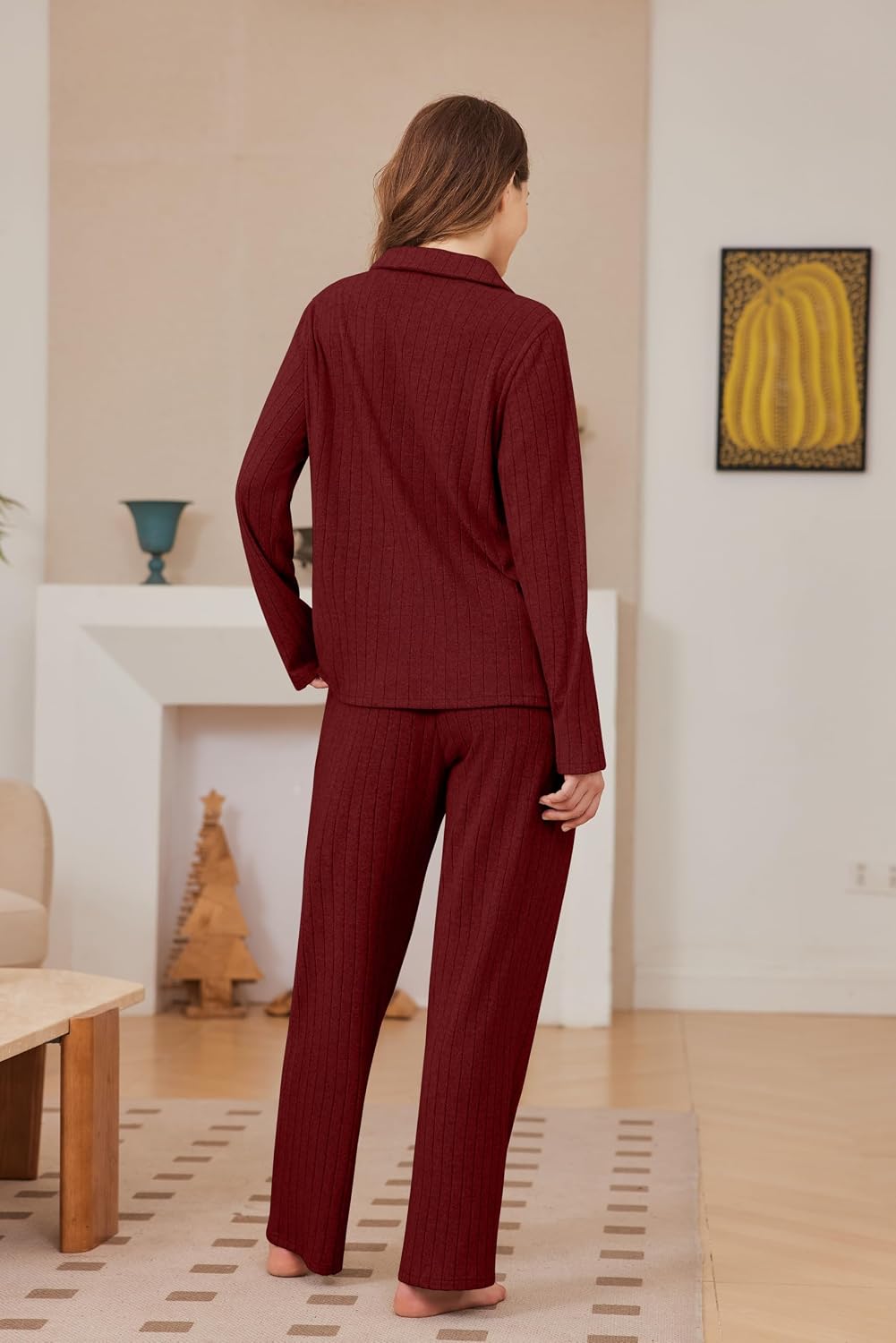 Detalle de Ekouaer Women's Pajama Set in Ribbed Knit