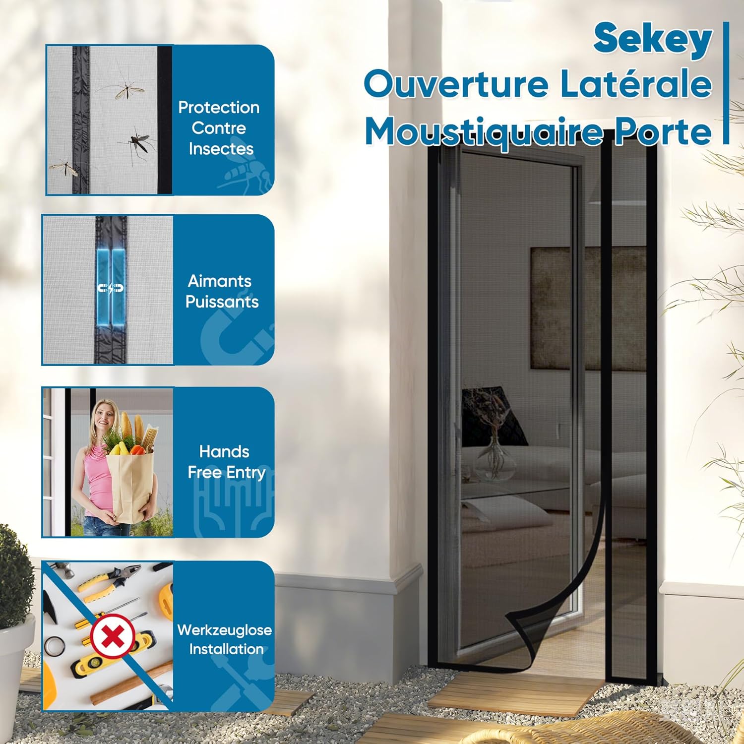 Detalle de Sekey Moustiquaire Porte Résistant à Griffes de Chat – Ouverture Latérale Magnétique, Fibre de Verre, 160x240 cm