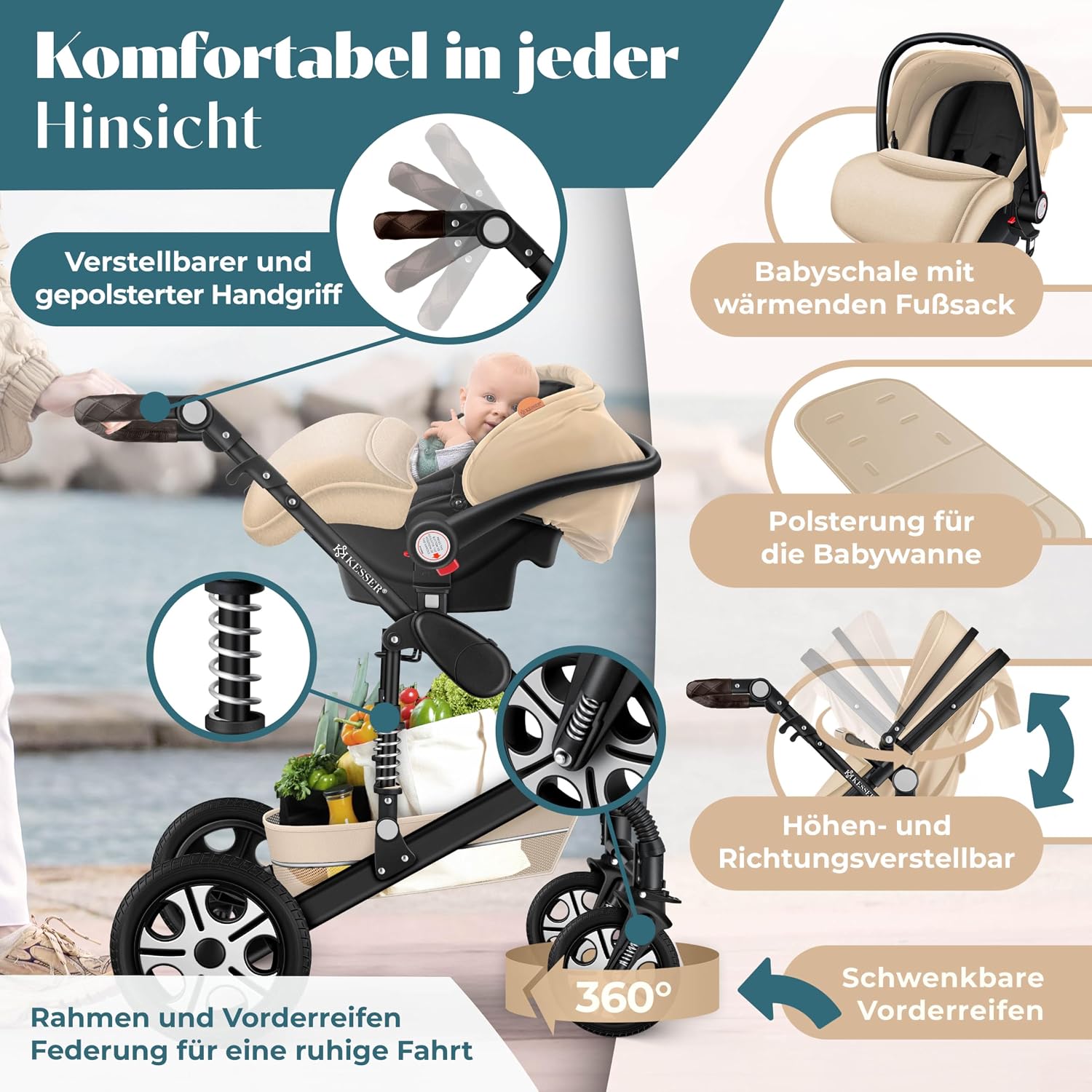 Thumbnail 5 de KESSER Loops 4-in-1 Kombikinderwagen Set inkl. Babywanne, Sportsitz, Babyschale, Wickeltasche & mehr – Beige/Schwarz
