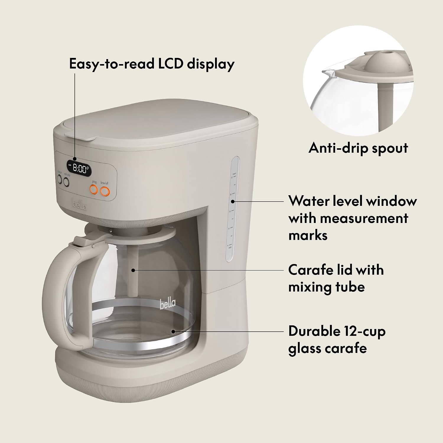 Detalle de BELLA 12 Cup Programmable Coffee Maker with Easy LCD Display, Auto Shutoff & Pause-and-Serve (900W)