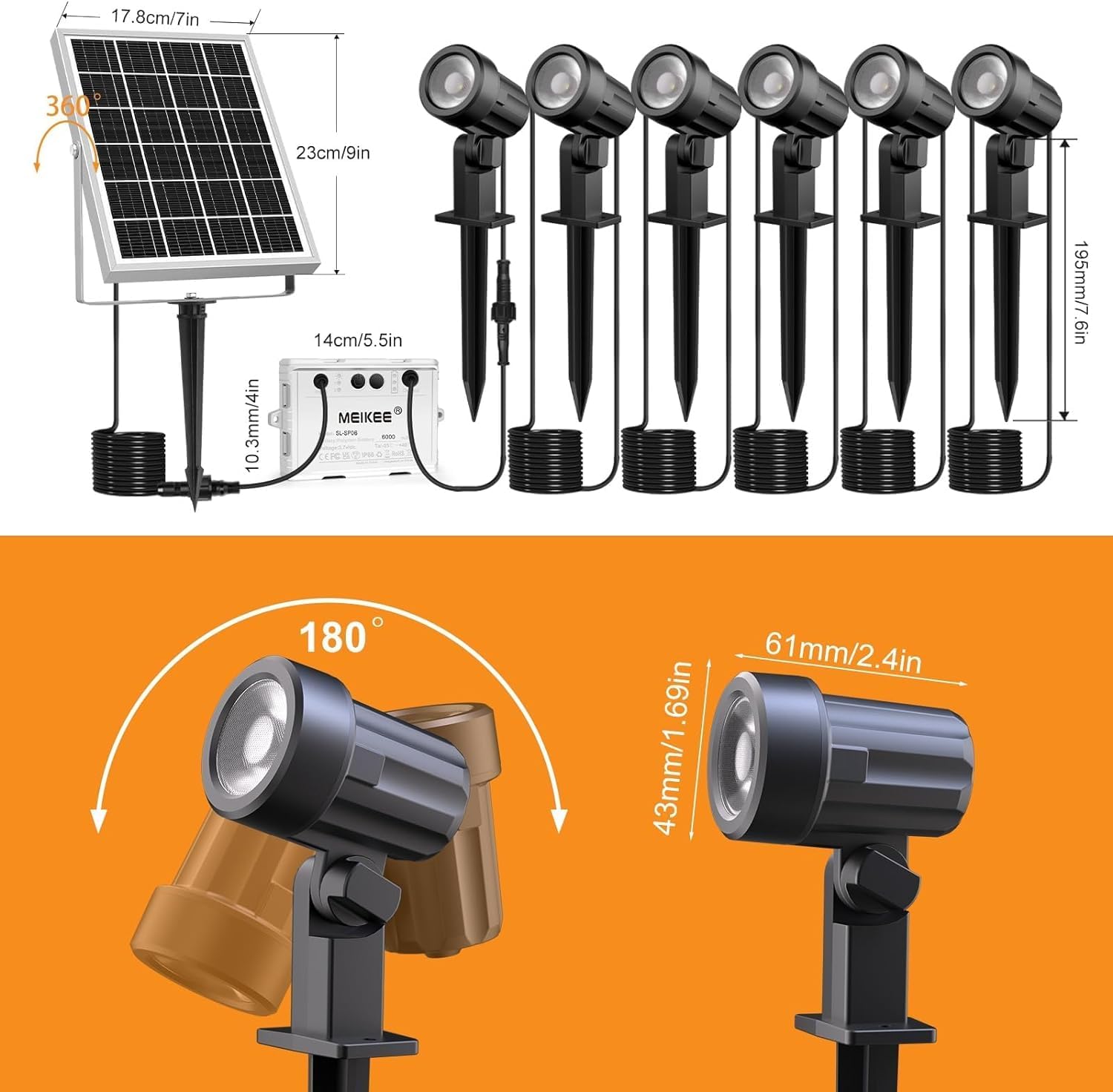 Thumbnail 5 de MEIKEE 6 in 1 Solar Spot Lights Outdoor Garden (Warm White 2700K) – Dimmable LED, IP66