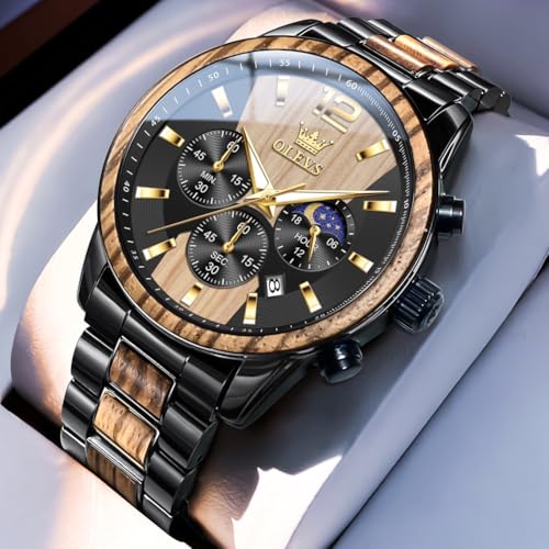Detalle de OLEVS Montre chronographe pour homme – Bois massif ou acier inoxydable, étanche 30 m, finition zèbre