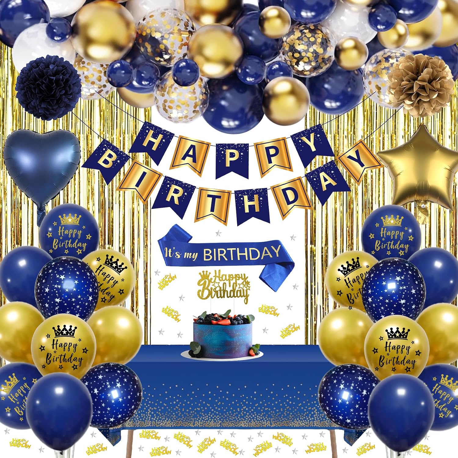 Detalle de Navy Blue and Gold Birthday Decorations 274x137cm tablecloth