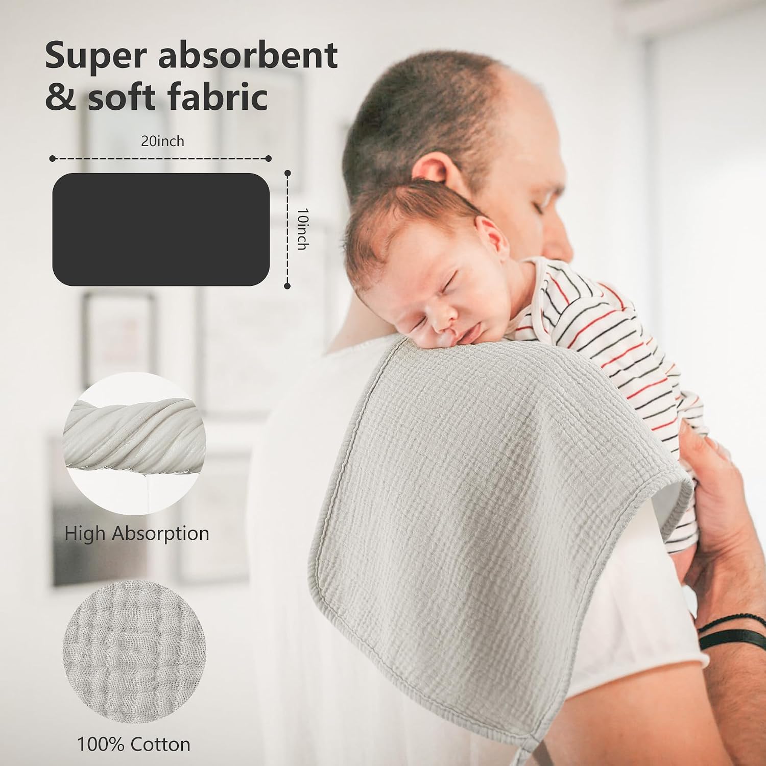 Thumbnail 1 de Bearmoss Muslin Squares Cloths: 6-Pack 100% Cotton Baby Burp Cloths, 50x25cm, Ultra-Absorbent and Soft
