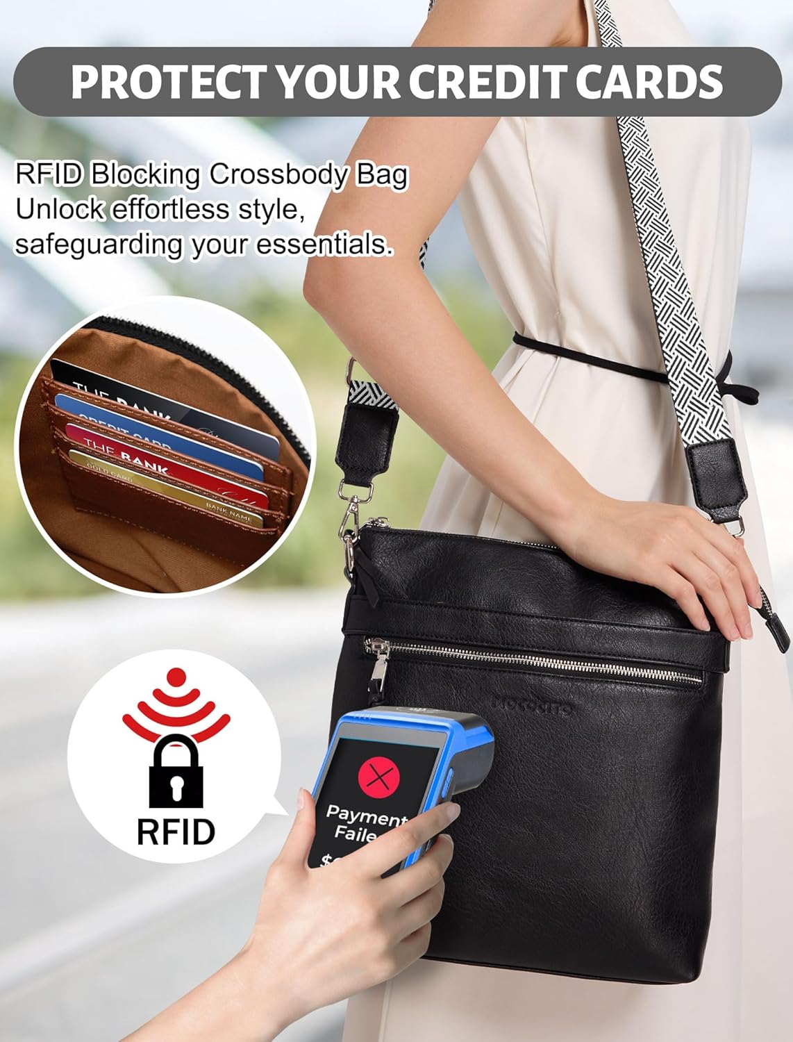 Detalle de MOCOCITO Umhängetasche Damen – Veganes Leder, RFID-Schutz, 6-Liter Crossbody