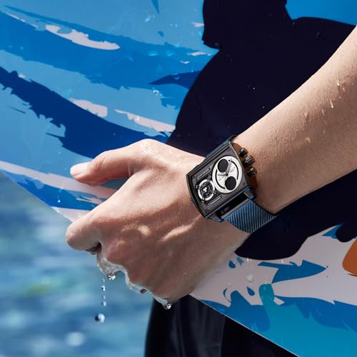 Detalle de FEICE Reloj Cuadrado Multifuncional para Hombre FK814 47 mm: esfera grande analógico–digital en acero inoxidable