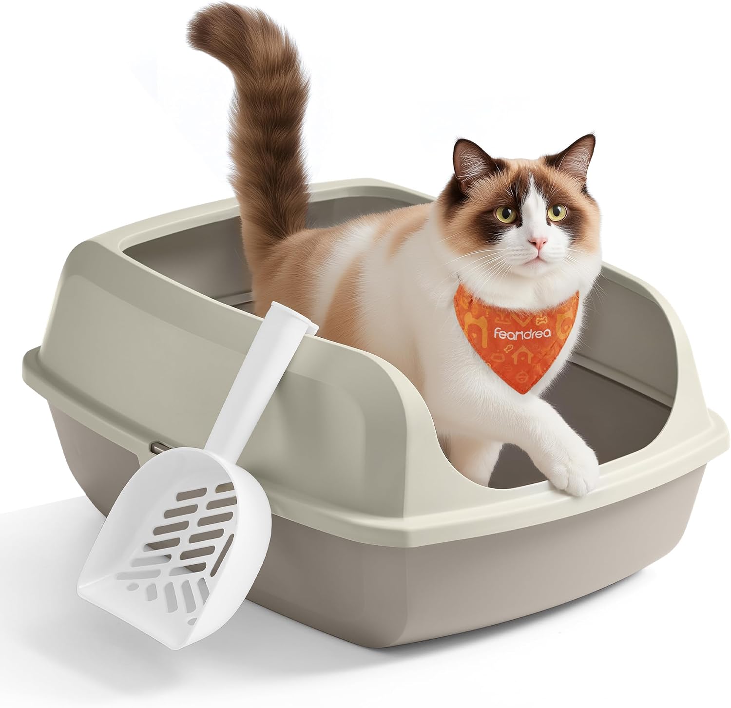Detalle de Feandrea bac à litière XXL pour chat à parois hautes, ouvert sur le dessus, avec pelle (beige cappuccino) PPT010LH01