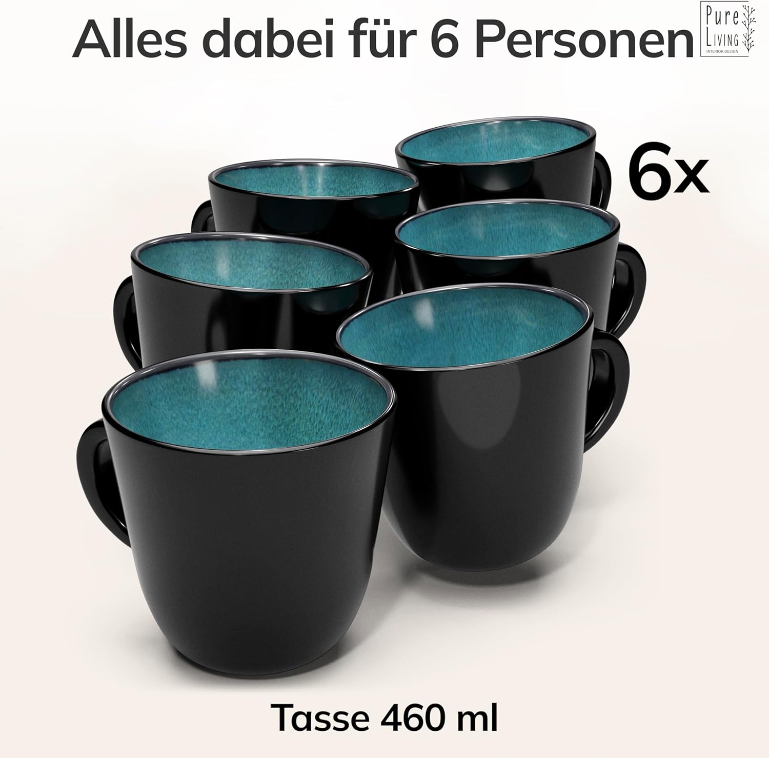 Detalle de Steingut Kaffeetassen Ibiza 6er Set – Petrol & Matt Schwarz, TESTSIEGER, Pure Living