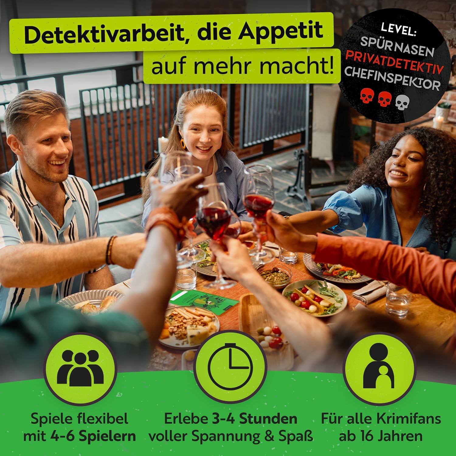 Detalle de Gourmet Criminelle® Krimidinner für zuhause – Mordfall mit Gartenzwerg, Spiel für 4–6 Personen ab 16 Jahren