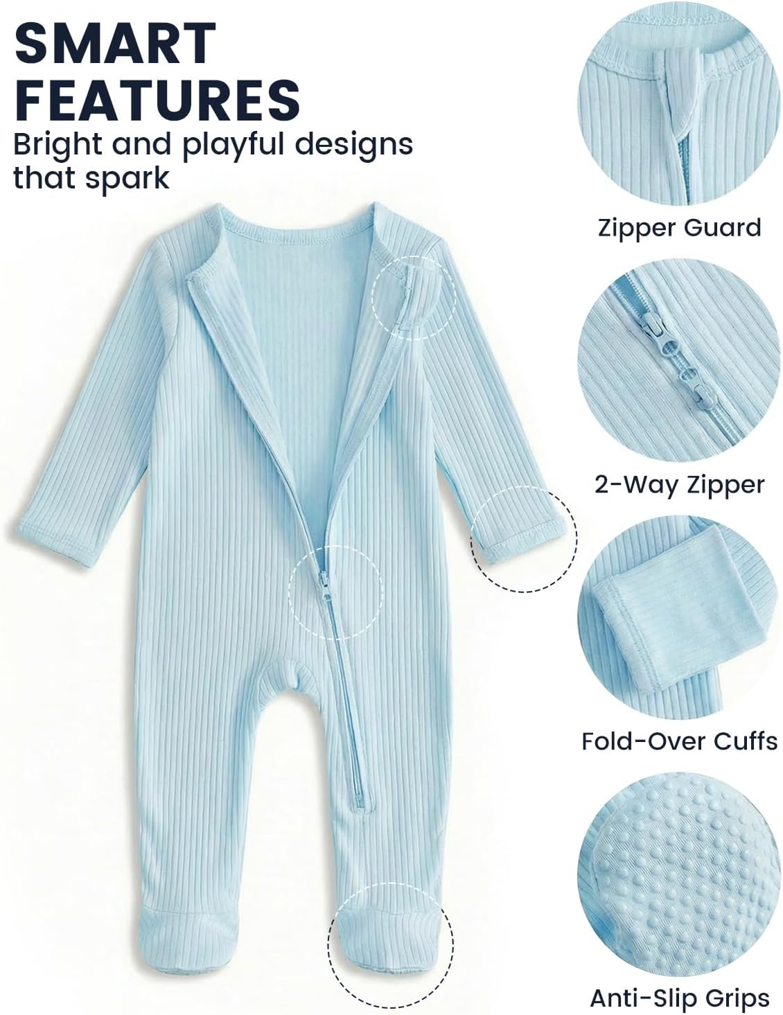 Thumbnail 1 de JiAmy Baumwolle Baby Schlafanzug 2er-Pack Langarm mit Füßen und klappbaren Handschutzen, 0–12 Monate