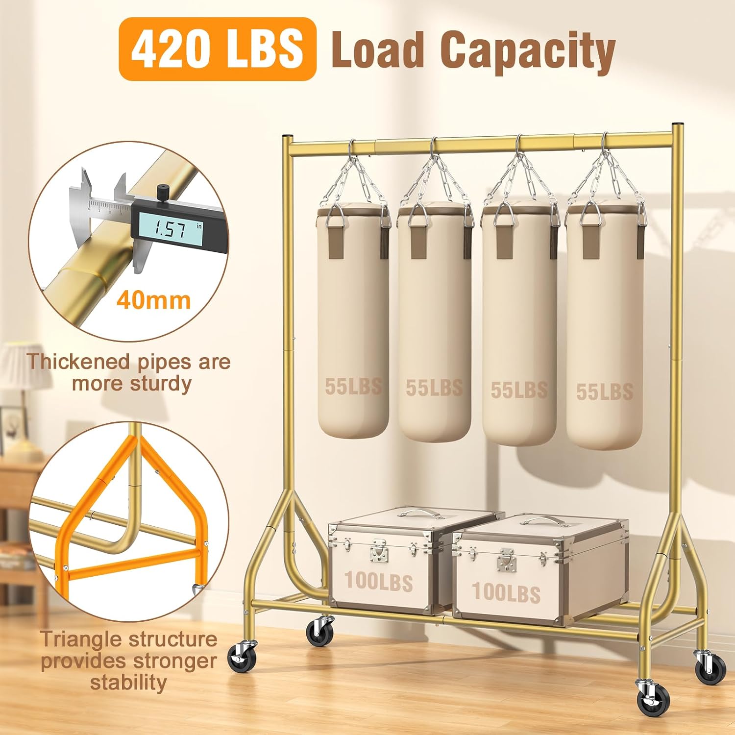 Detalle 2 de EAGMAK UKGRP067 Rolling Metal Clothes Rack, 420 LBS Capacity, Gold