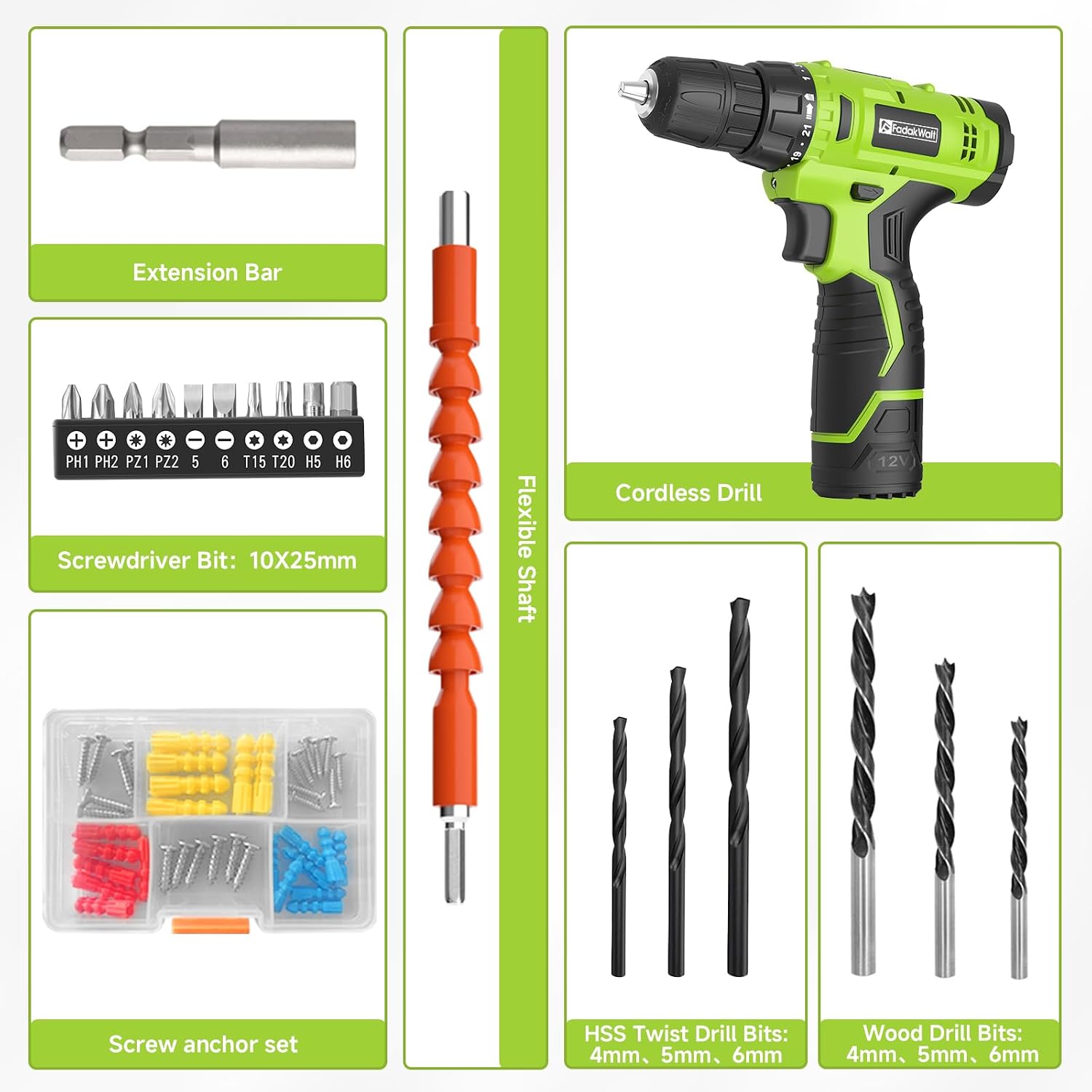 Detalle de FADAKWALT CB1301 12V Cordless Drill Set, 21+1 Clutch, LED Light