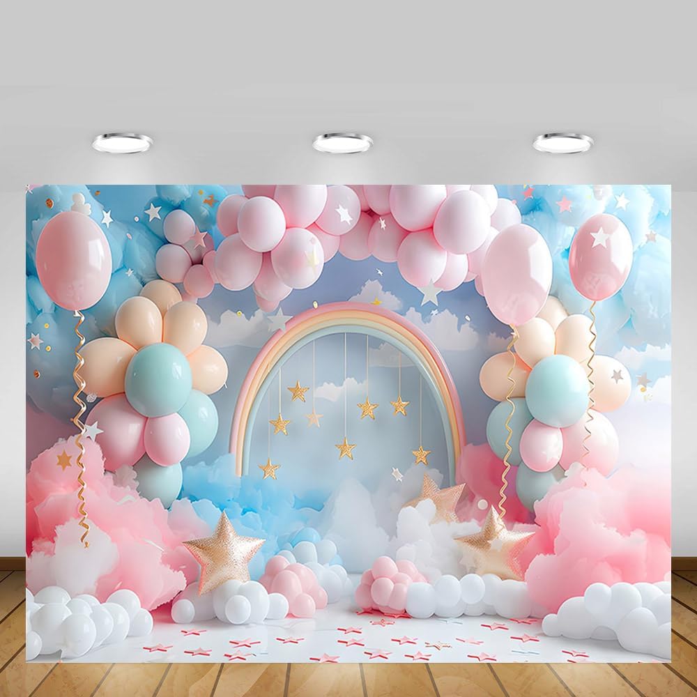 Thumbnail 3 de MEHOFOND 7x5ft girls photography backdrop – colourful clouds & rainbow balloon arch style