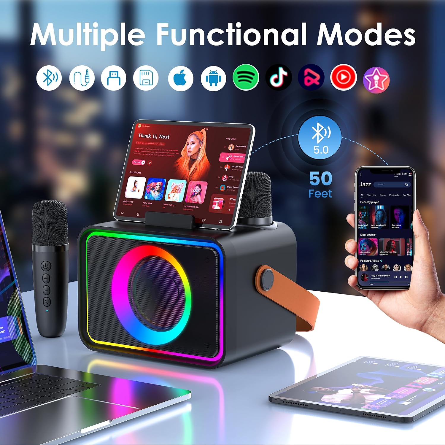 Thumbnail 4 de Ultramic Karaoke Machine for Kids & Adults (Black) — Portable Bluetooth Speaker with 2 Wireless Mics and LED Lights
