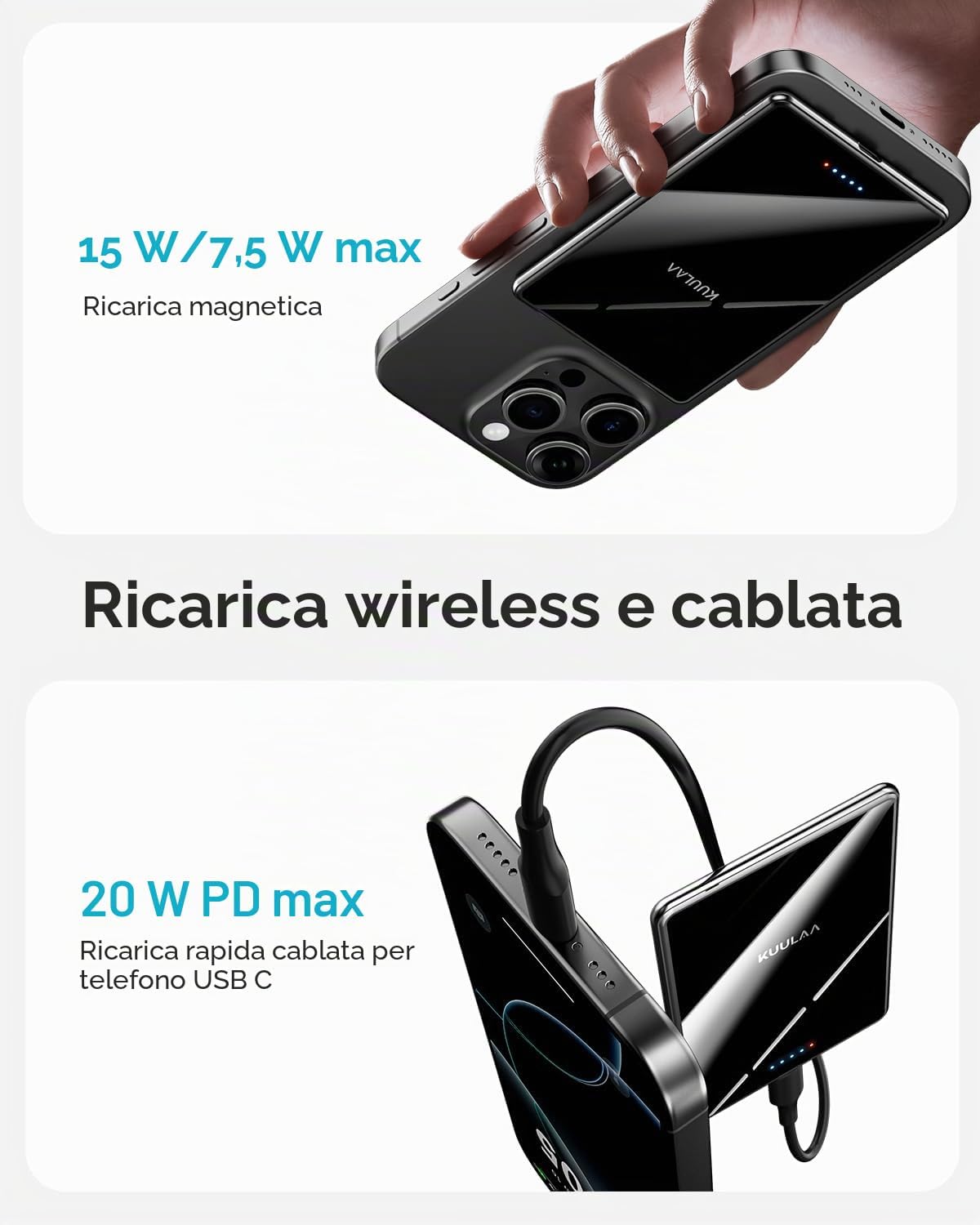 Detalle de PowerBank Magnetico Ultra Slim 5000 mAh, MagSafe 20 W: ricarica rapida e design premium per iPhone