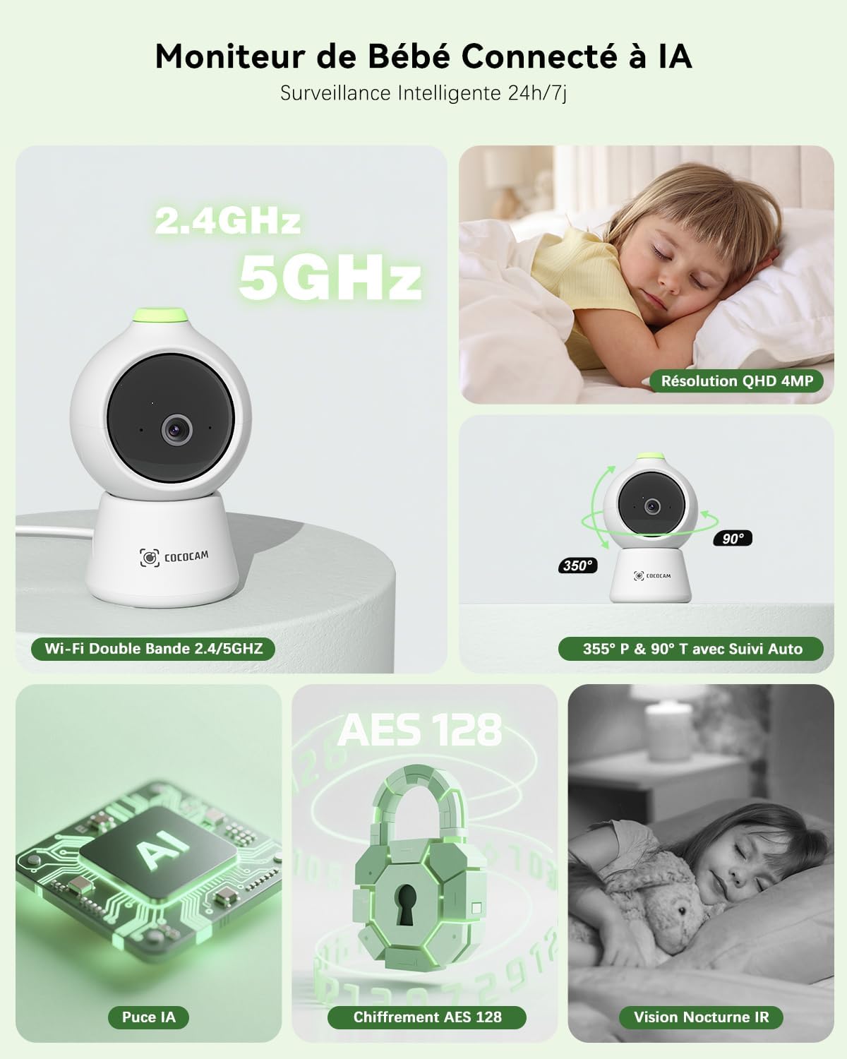 Thumbnail 1 de COCOCAM 2K 4MP IA Babyphone Camera avec écran 5'' – Surveillance intelligente du bébé