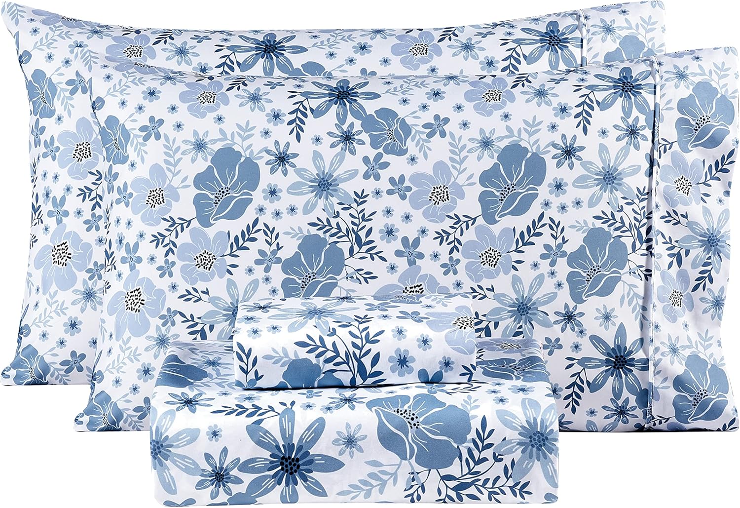 Detalle de Mooreeke Floral Queen Microfibre Sheet Set, Blue Vintage Print, Deep-Pocket Fitted Sheet