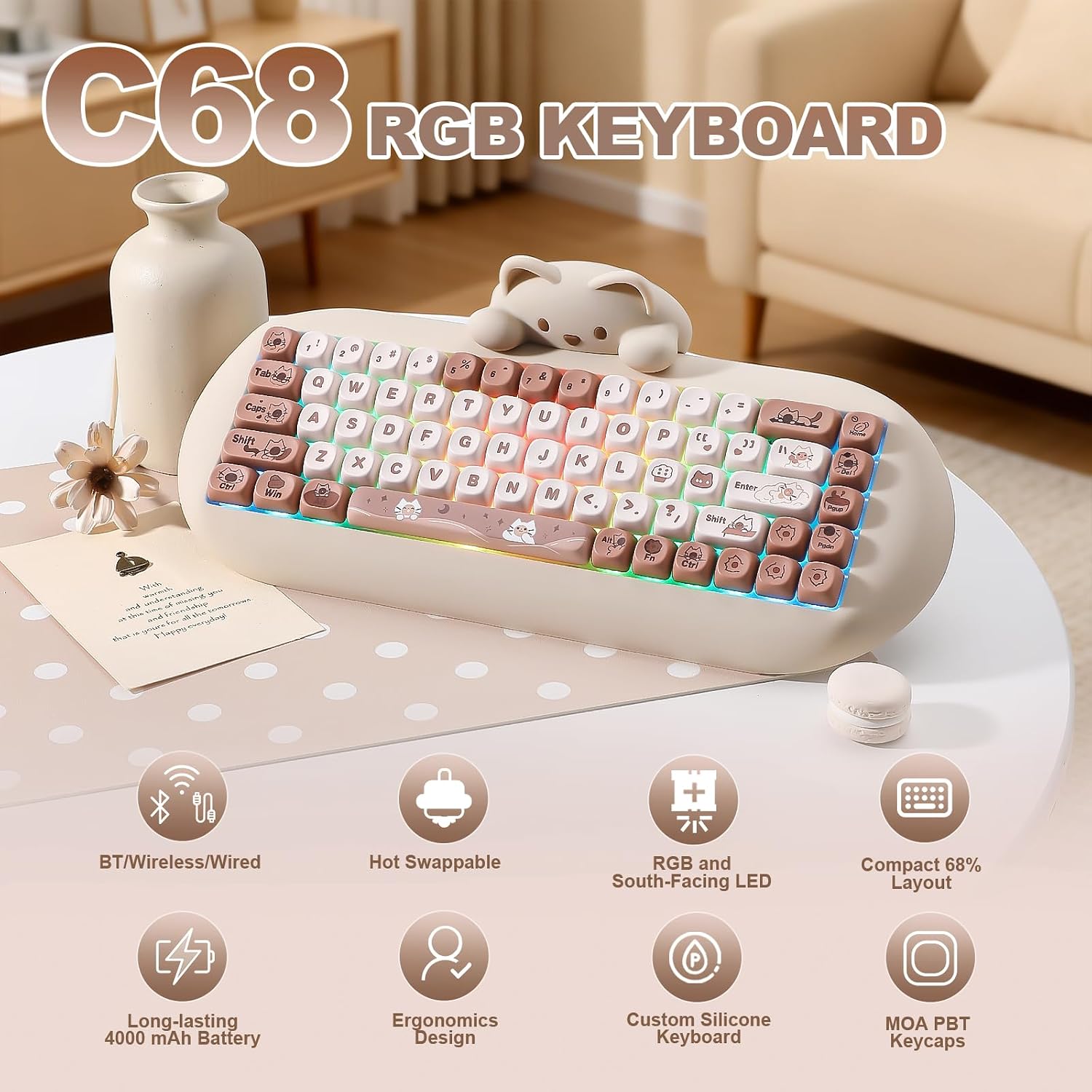 Detalle 2 de YUNZII C68 Wireless Mechanical Keyboard — 65% Layout, Cat Silicone Design, Brown Milk Switch