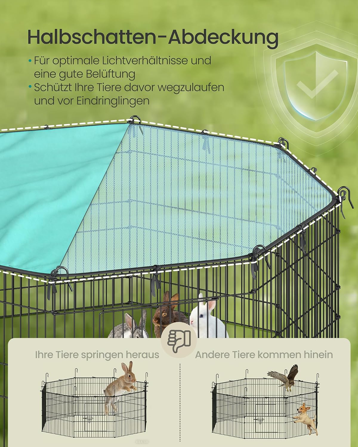 Detalle de SONGMICS Kleintiergehege, Freilaufgehege mit Abdeckung – 138 × 138 × 60 cm, 8 Gitterplatten, tintenschwarz (LPI020BH01)