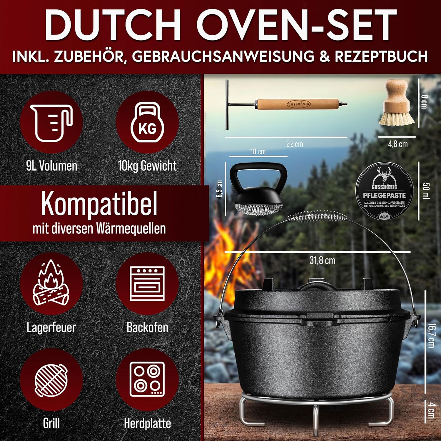 Detalle 2 de GUSSKÖNIG Dutch Oven Set 9L – Eingebrannter Feuertopf mit 2in1 Deckelheber und umfangreichem Zubehör