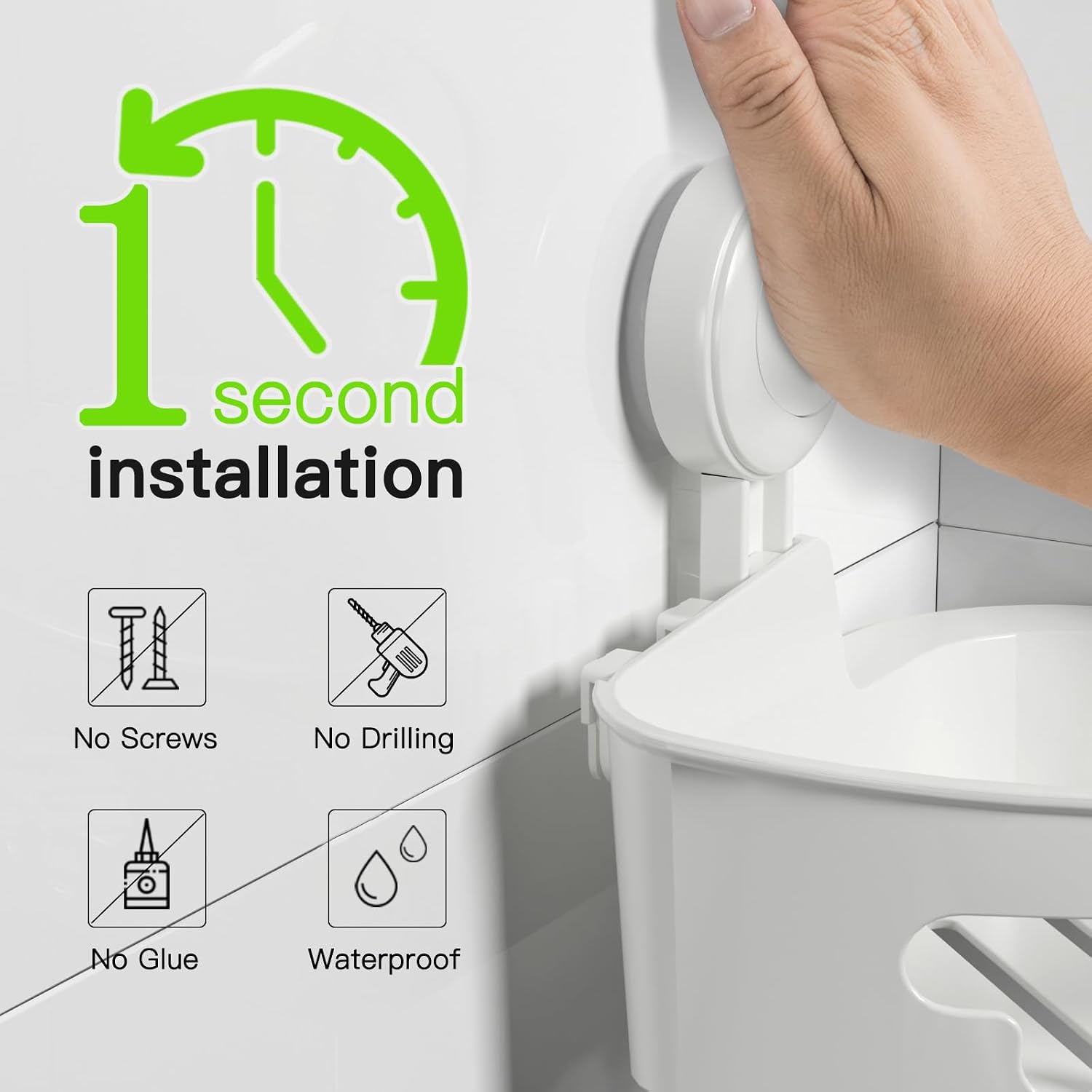 Detalle de ilikable Corner Shower Caddy Vacuum Suction Cup Organizer (Milky White) – No Drilling, Removable Shelf with Hooks