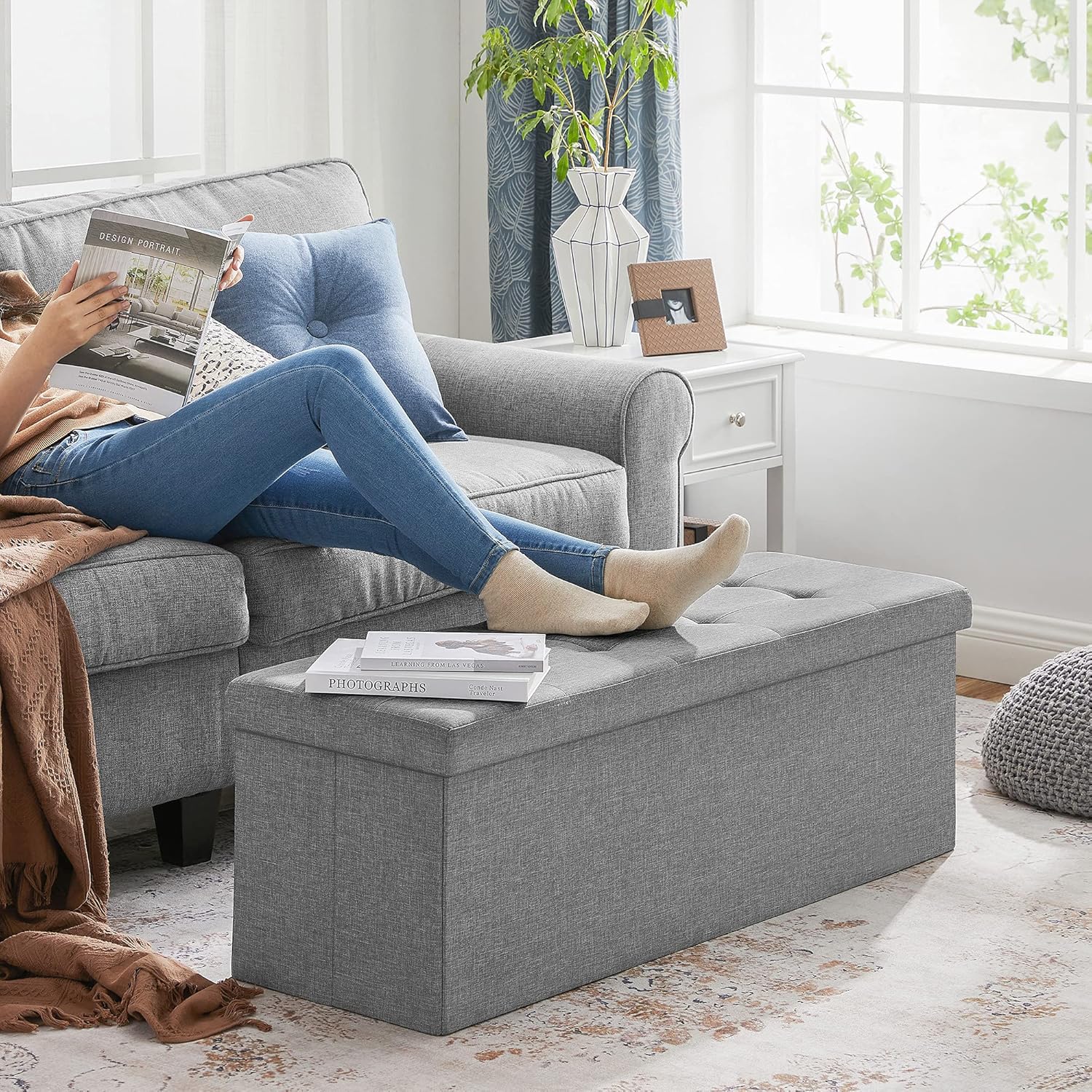 Detalle de SONGMICS MAZIE Collezione Cassapanca e Pouf Contenitore 38 x 110 x 38 cm – Grigio Chiaro