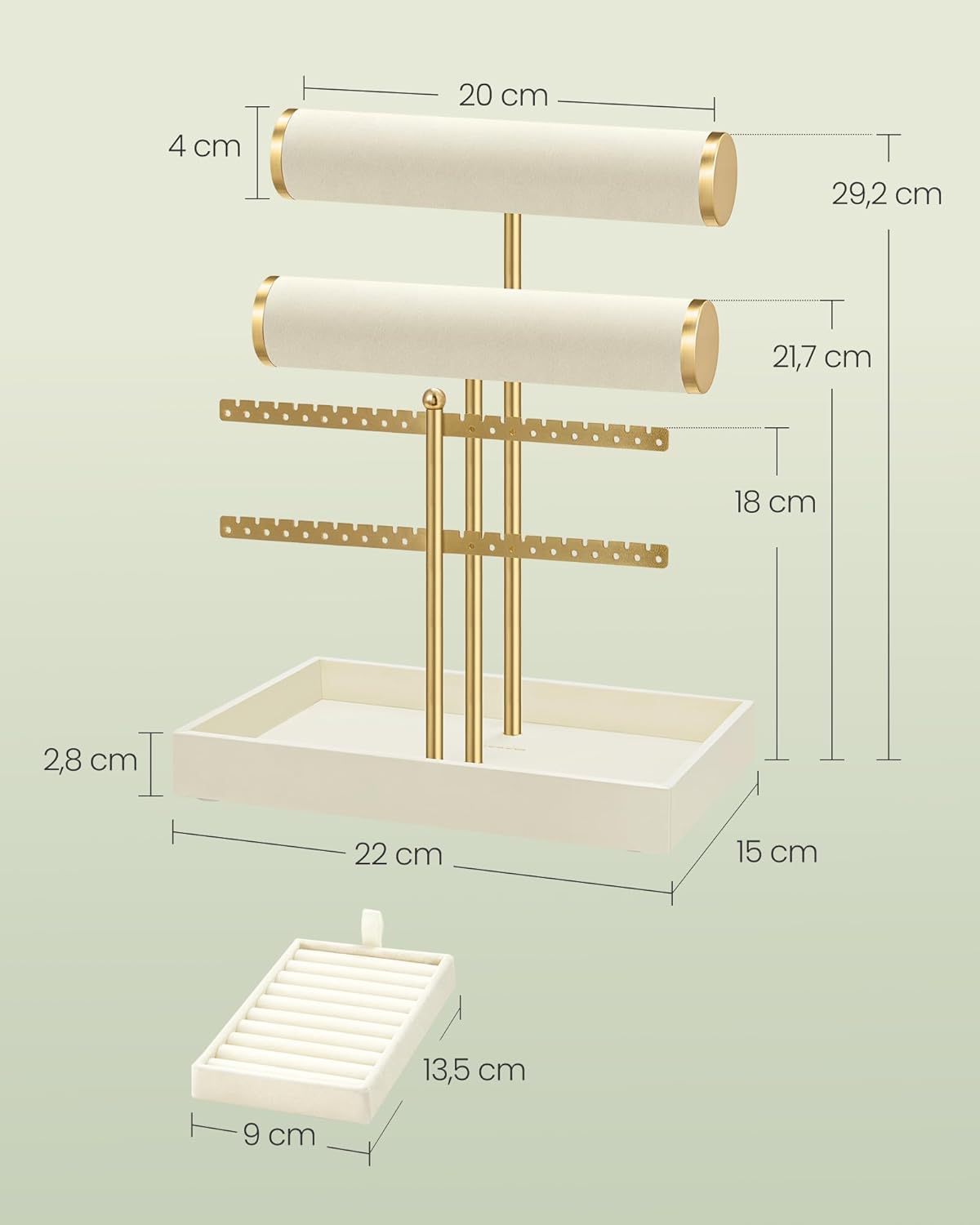 Detalle de SONGMICS Porta Bracciali JJS046W101: Porta Gioielli con 2 supporti per braccialetti, porta orecchini, vassoio velluto e portaanelli rimovibile