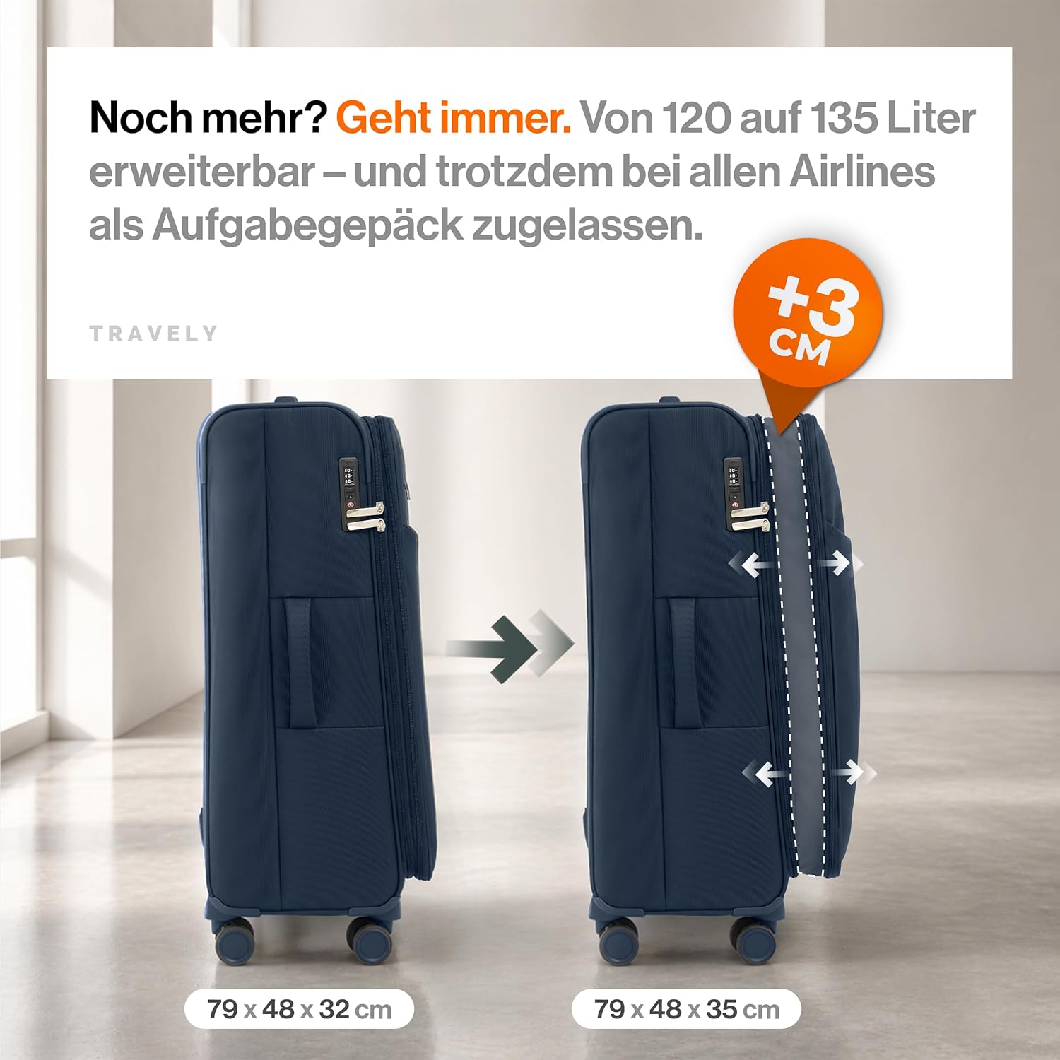 Detalle de Travely Stoffkoffer XL – Großer, leichter Reisekoffer mit 4 Rollen und TSA-Schloss