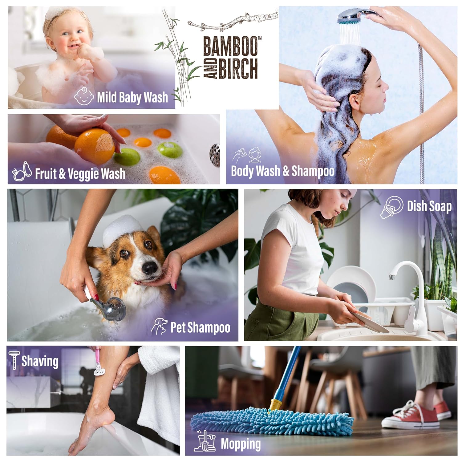 Detalle de Bamboo and Birch Pure Castile Soap Liquid (Lavender) — 64 oz, natural palm-oil-free liquid soap