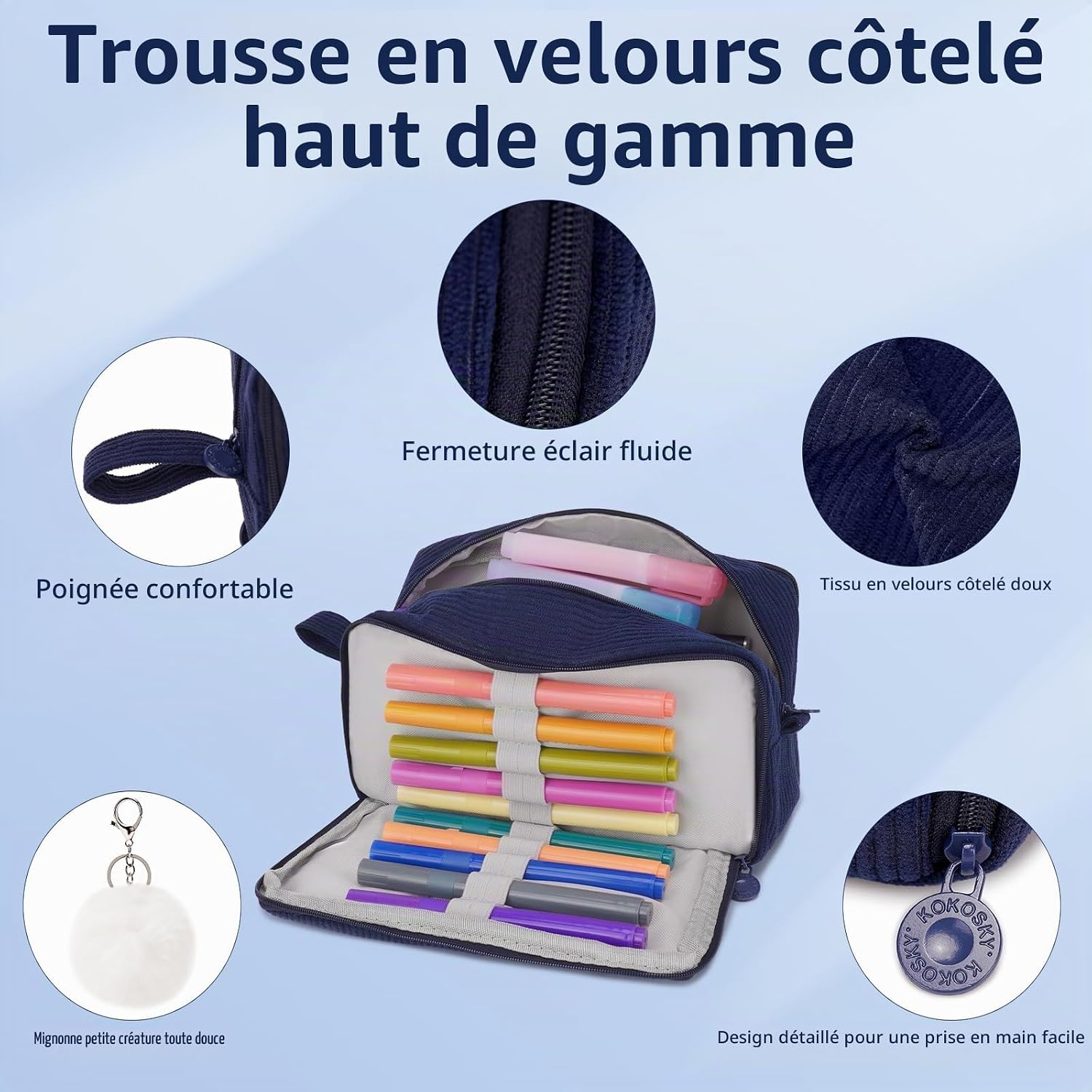 Detalle 2 de Byitin ST-BD-3 pennenetui met 3 vakken in navyblauw corduroy