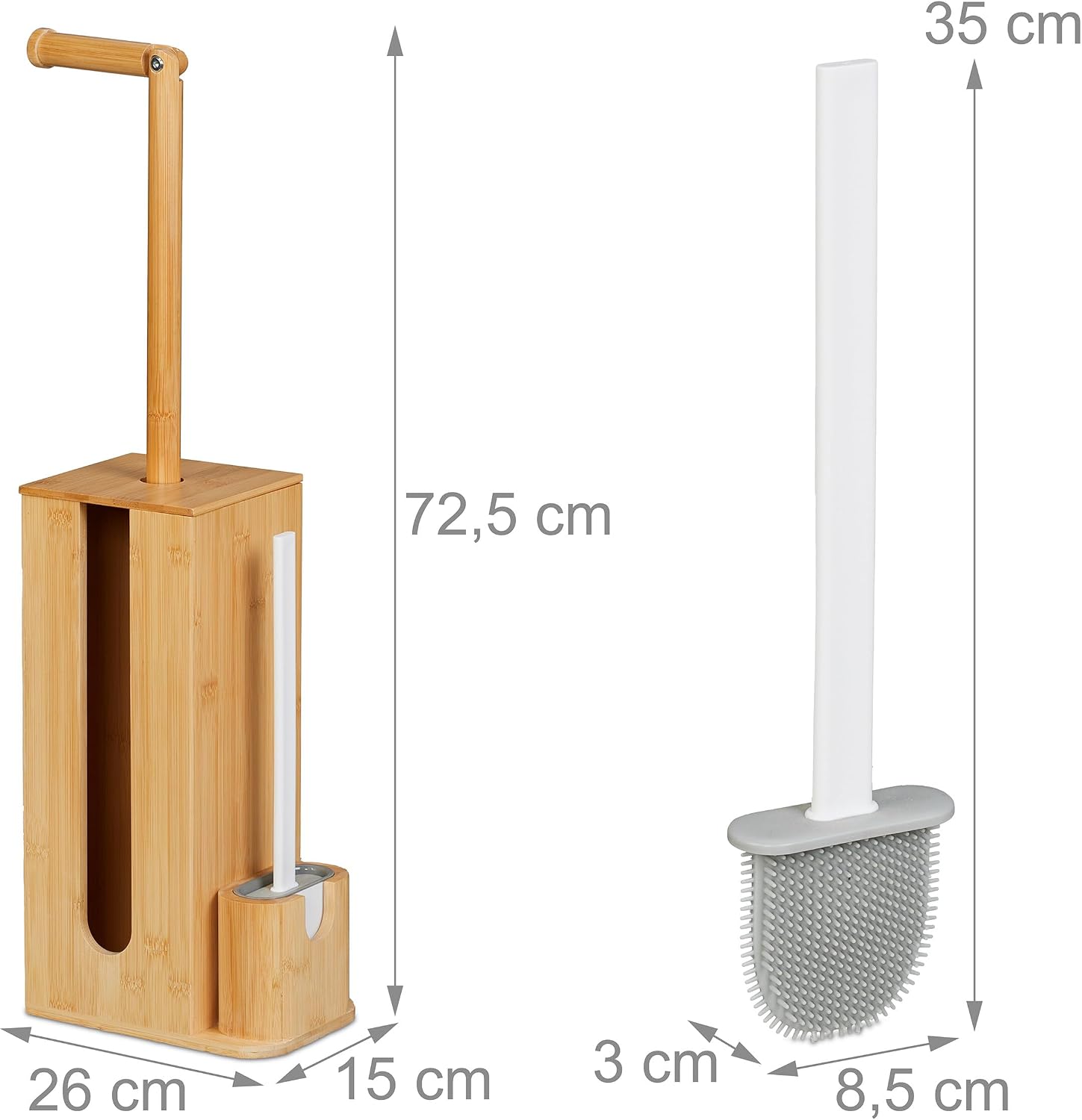 Detalle de Relaxdays Bamboo Toilet Roll Holder and Brush Set, Freestanding 3-in-1