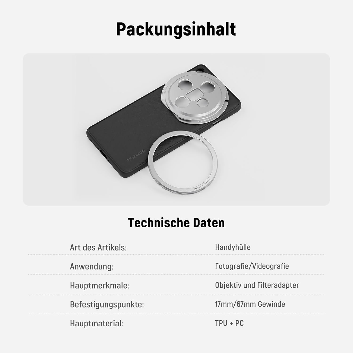 Thumbnail 6 de NEEWER Handy-Schutzhülle für Oppo Find X8 Ultra (TPU/PC Kunstleder), inkl. 17-mm Objektivhalterungen & 67-mm Filteradapter – Schwarz/Silber