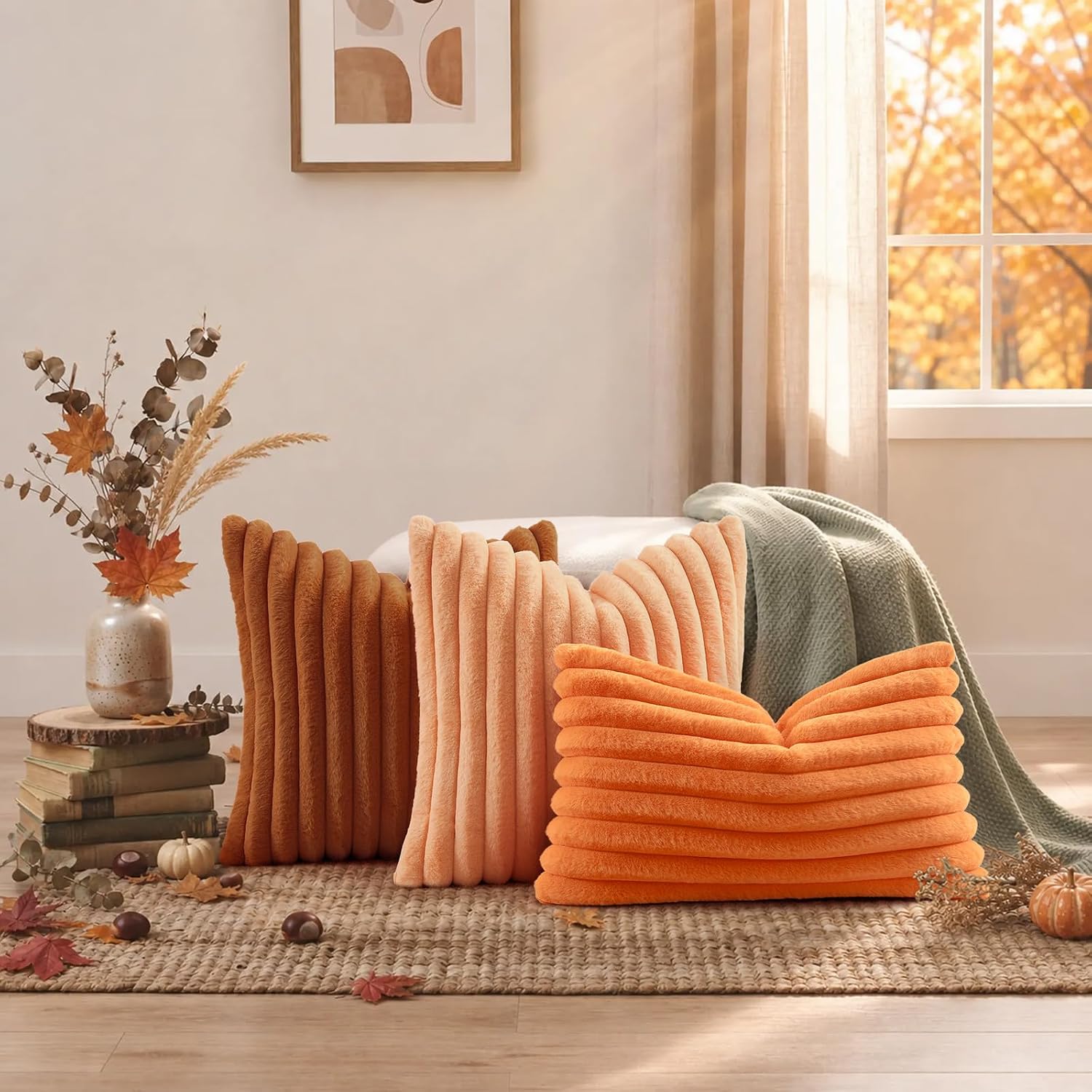 Detalle de decorUhome Fall Faux Fur Throw Pillow Covers, 24 x 24-Inch Set of 2, Light Rust