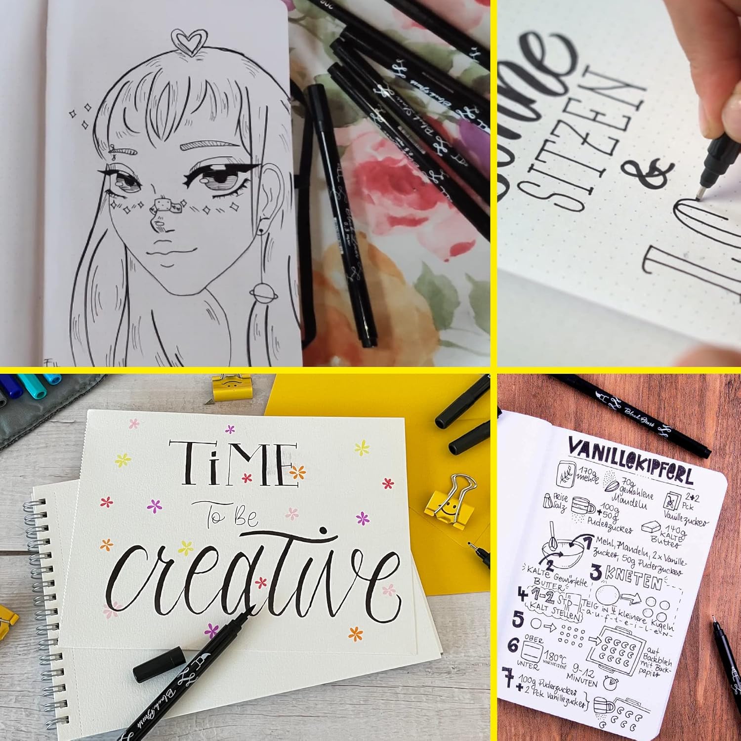 Detalle de Online 5x Fineliner Schwarz wasserbeständig Set mit Brush Pen, Fineliner- und Kalligrafie-Spitzen