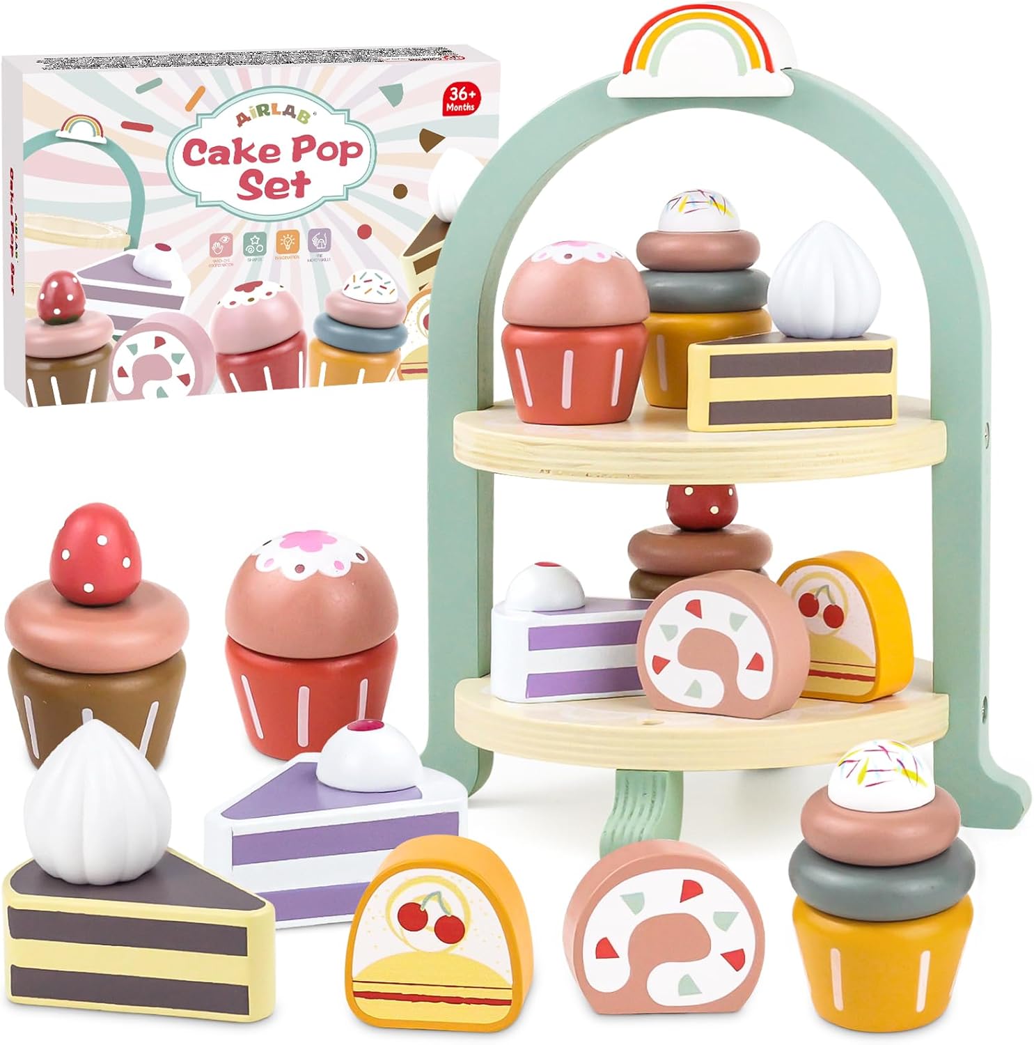Detalle de Airlab Dessert-Set aus Holz für die Kinderküche – Tee-Set mit Ständer, Kuchen & Cupcakes
