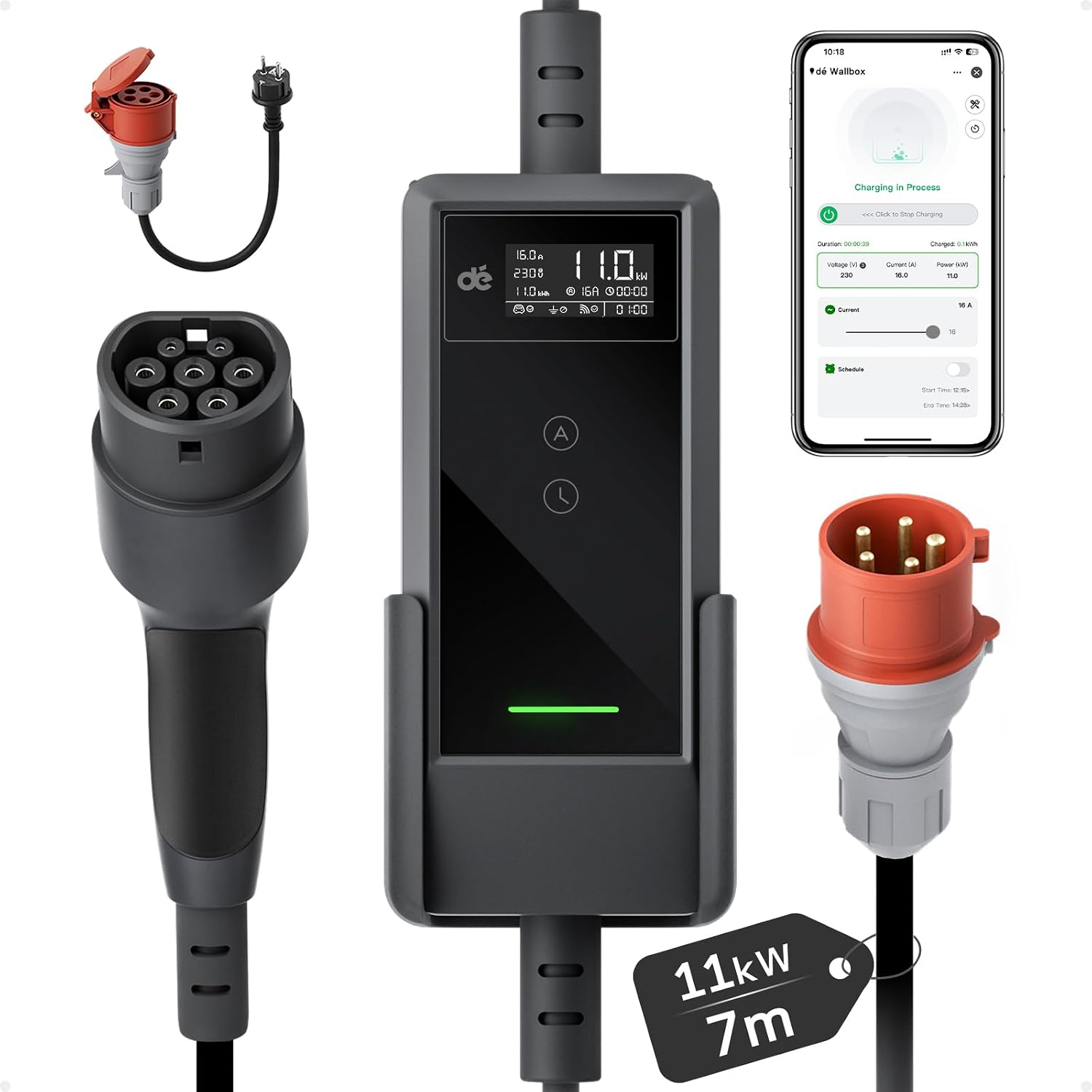 Wallbox 11kW App – Stazione di ricarica mobile trifase 11kW con cavo 7 m e connettore Tipo 2