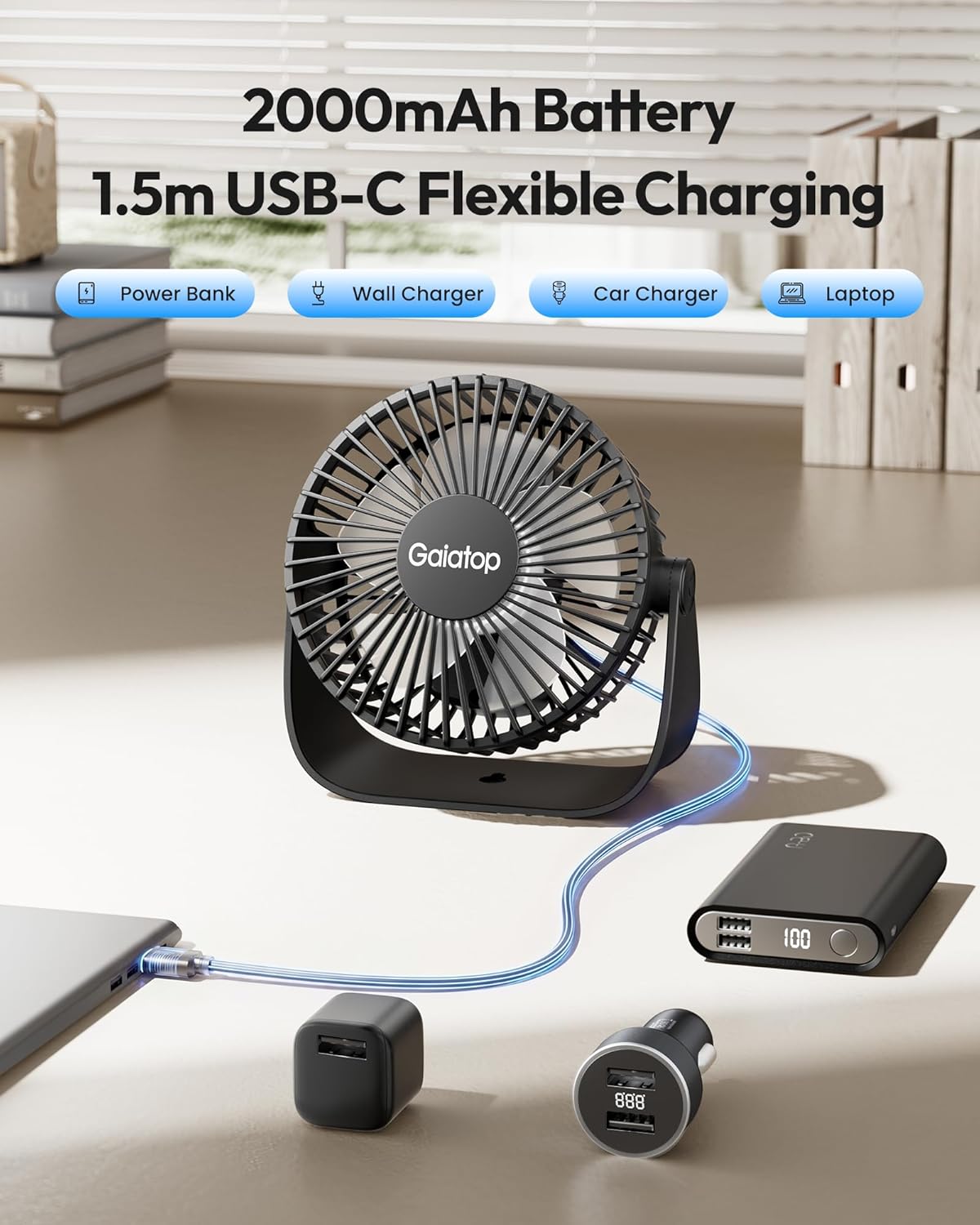 Detalle de gaiatop Small USB Desk Fan: Quiet, Rechargeable, 360° Rotatable Mini Fan