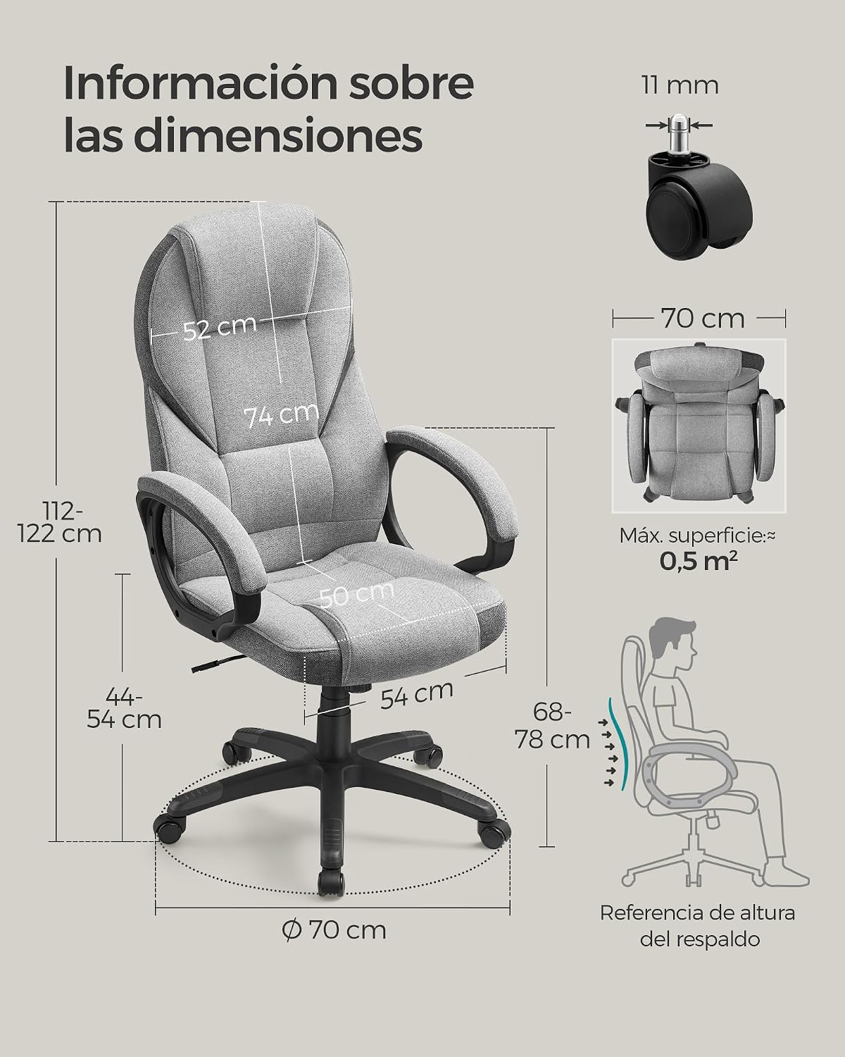 Detalle de SONGMICS Silla de Oficina Ergonómica 44-54 cm