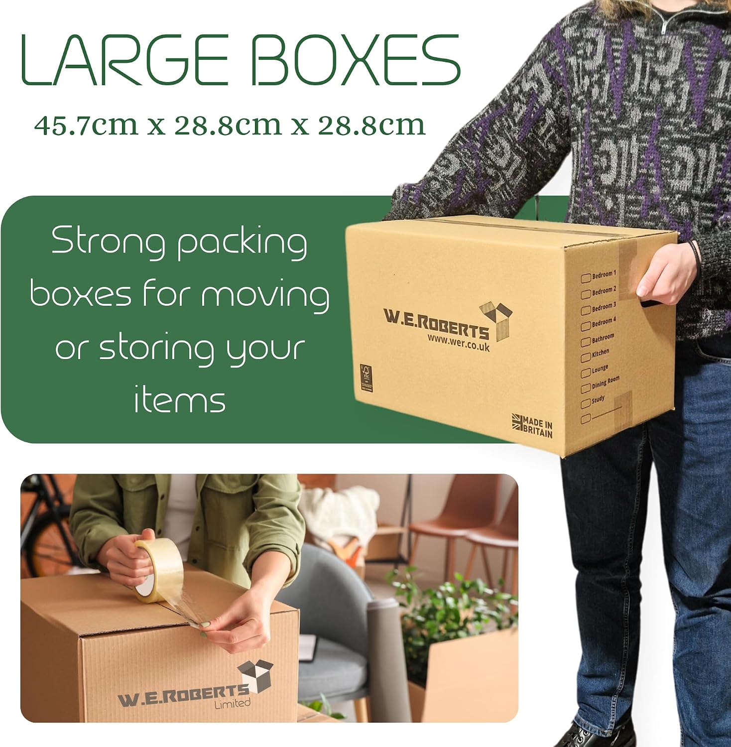 Detalle de Moving Boxes x 20 Large Strong Cardboard Boxes by W.E. Roberts – 45.7 x 28.8 x 28.8 cm, with Handles and Room List