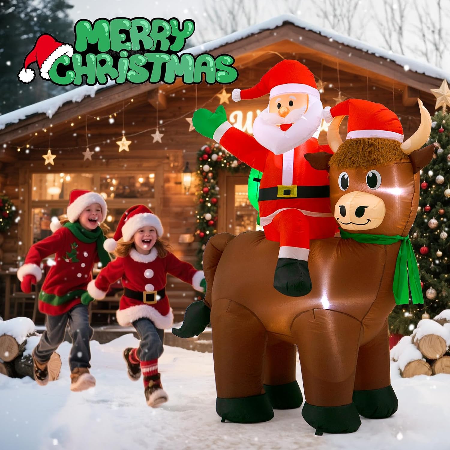 Detalle de Christmas Inflatable Santa and Highland Cow, 6-Foot