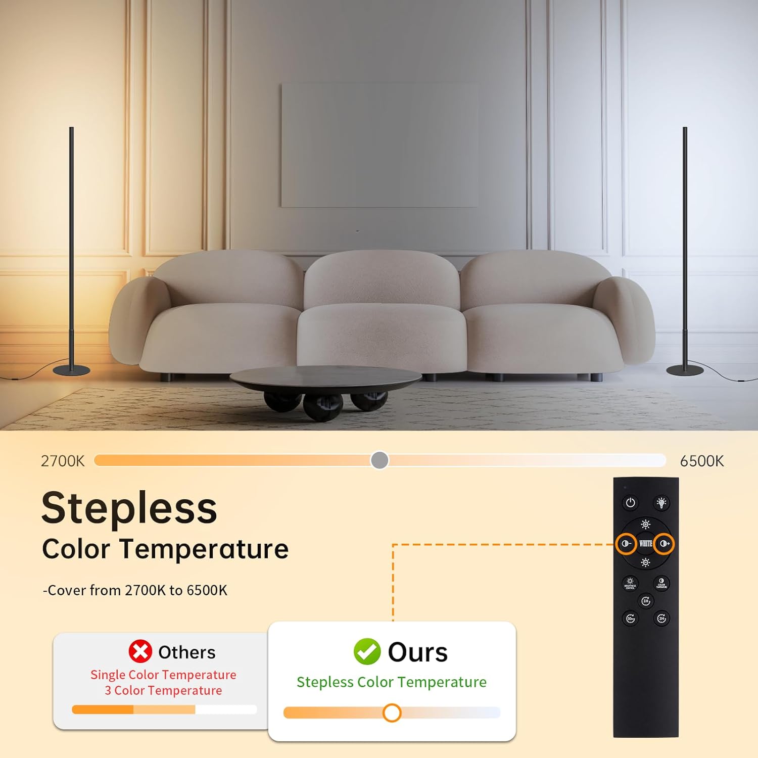 Detalle 2 de Hzitcigm LED Stehlampe Wohnzimmer – Dimmbare Stehleuchte mit Farbtemperaturen 2700K–6500K, Memory-Funktion, Fernbedienung, 147 cm