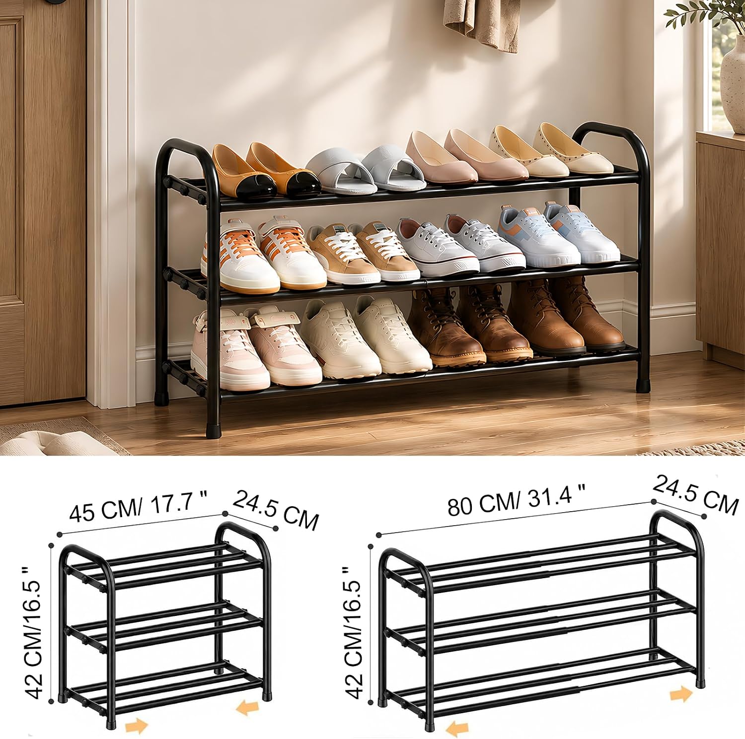 Detalle de MIKVOYO uitschuifbaar schoenenrek, 3 niveaus, zwart metaal, 45–80 cm